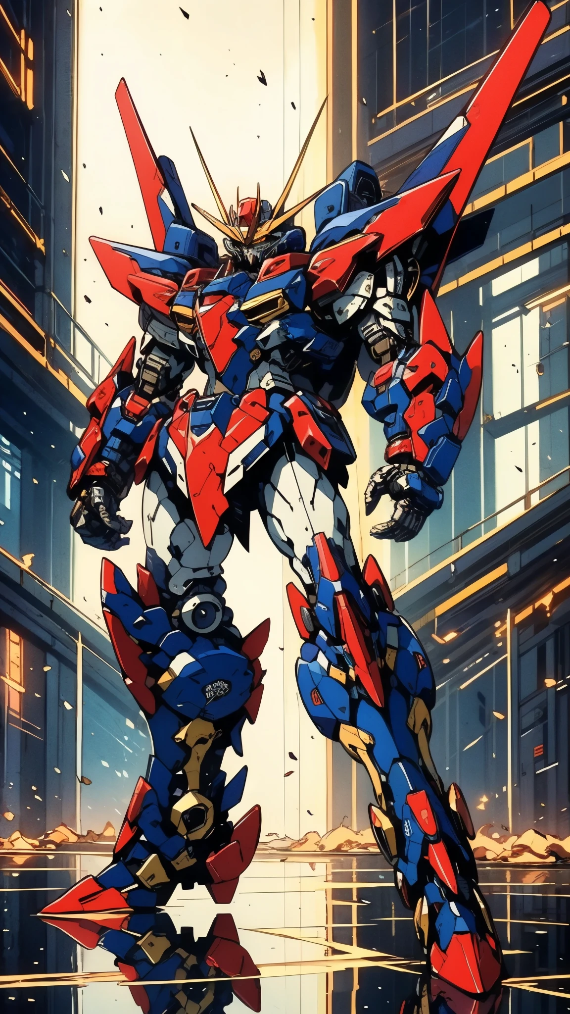 Humanoid Mecha, fully enclosed shoulder guards, matching arm and leg guards, full body, full armor, super robot, the design balances heavy with agility, (the color scheme is primarily white with red and blue accents, the concept Inspired by super robot, composite layered chest armor, pose, standing, floating high above the futuristic sci-fi city), exquisite and mature art style, (aura effect, energy, glowing eyes, the armor glows), ((SRS)), metallic, dramatic, high definition, best quality, highres, ultra-detailed, ultra-fine painting, extremely delicate, professional, perfect body proportions, anatomically correct, symmetrical face, extremely detailed eyes and face, high quality eyes, creativity, RAW photo, UHD, 32k, Natural light, cinematic lighting, masterpiece-anatomy-perfect, masterpiece:1.5