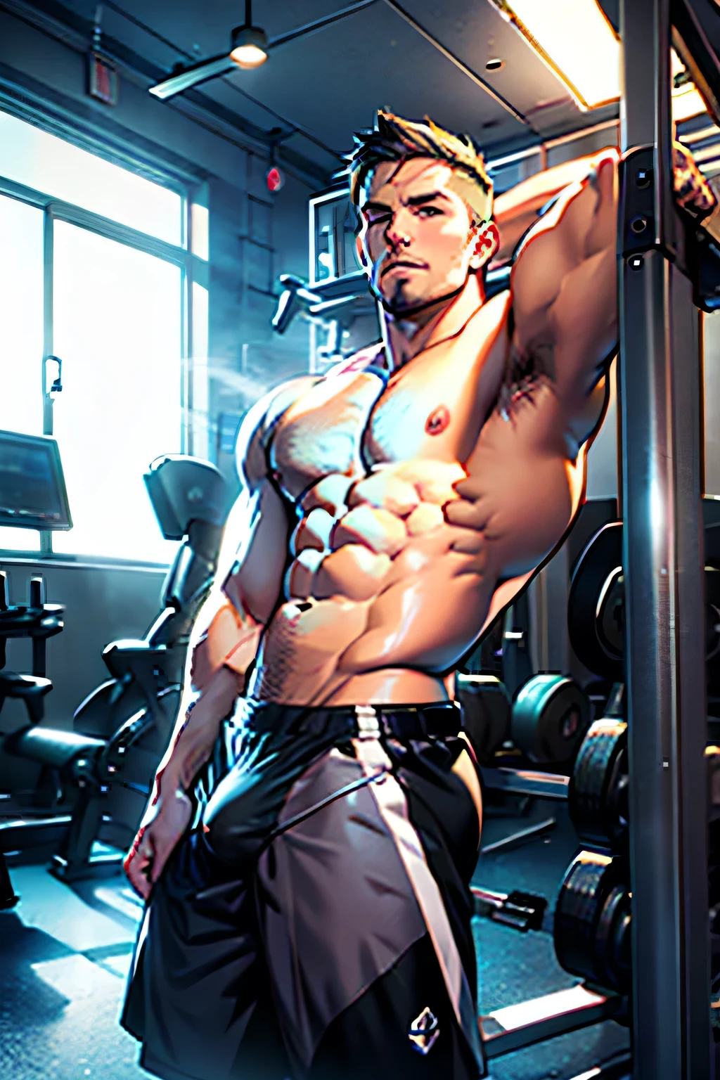 NSFW, 8k. Detailed face , detailed fingers , detailed cock , clear image, sharp rendering THE HUNK AND HANDSOME STEPHEN AMELL, TOTALLY NAKED IN A GYM DOING DUMBBELLS