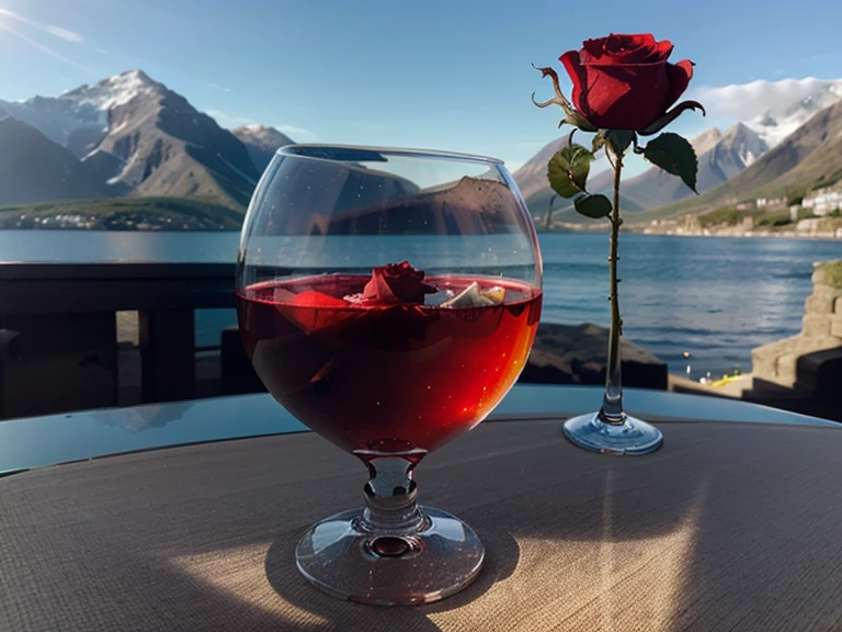 Sun in crystal glass by the sea, Against the background of mountains, Cup of ordinary classic shape, open top, less, Next to the glass, It's a red rose., High-quality realistic photography