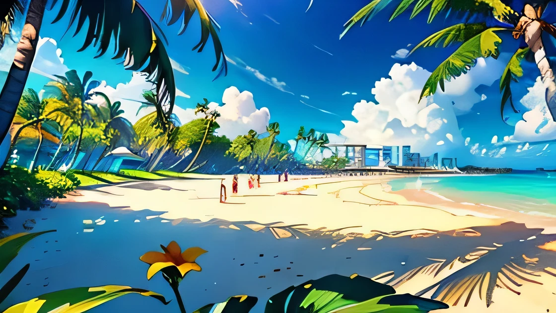 ((highest quality, masterpiece, High resolution))、(Beautiful tropical beach landscape photography)、Cinematic Light、tropical、(Flowers on the Beach)、Against the background of palm trees、On the sunny beach、With the sea in the background、Squall、rainbow、Blur the background、