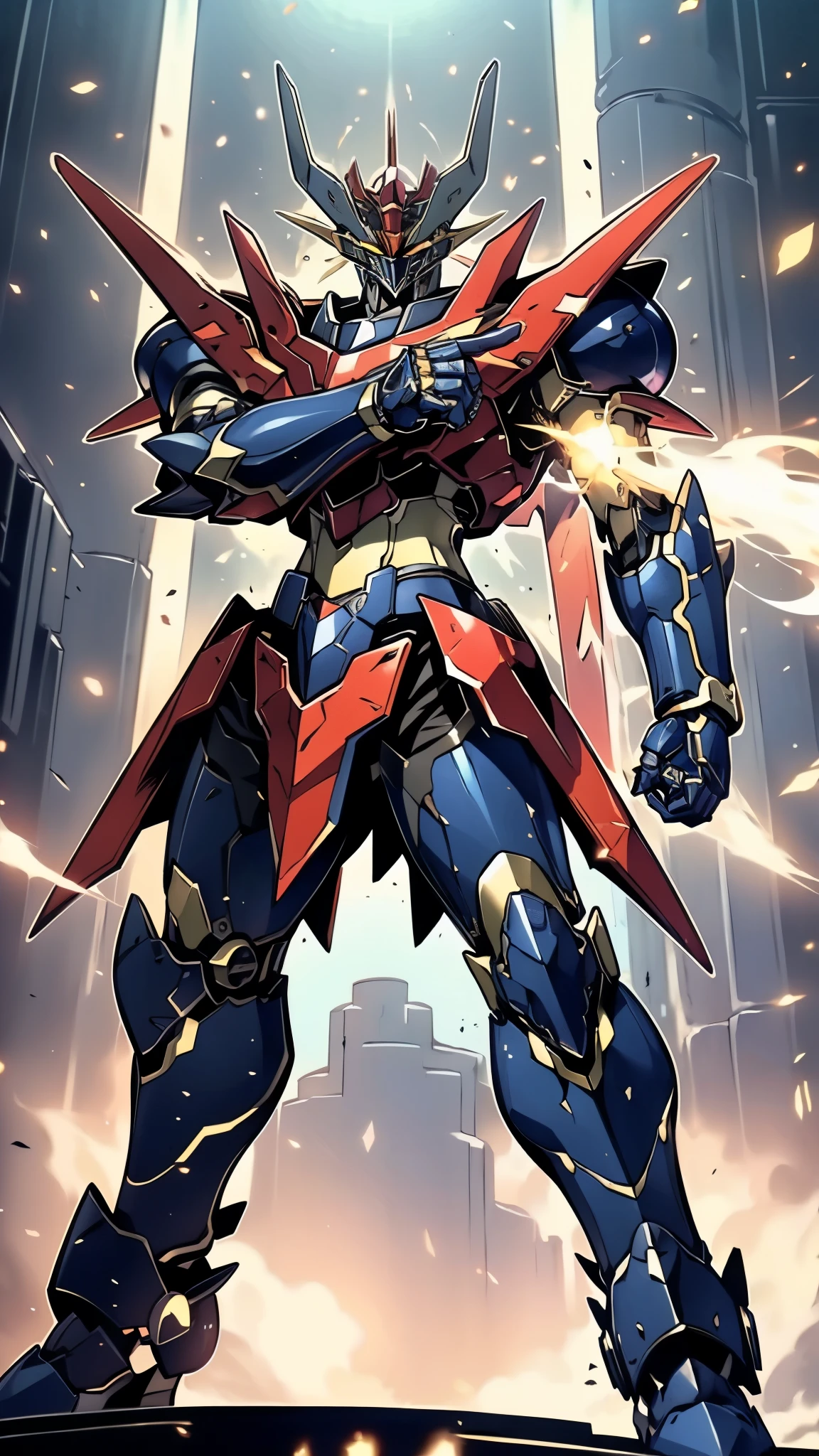 Humanoid Mecha, fully enclosed shoulder guards, matching arm and leg guards, full body, full armor, super robot, the design balances heavy with agility, (the color scheme is primarily white with red and blue accents, the concept Inspired by Mazinger Z, ruby chest armor, pose, standing, floating high above the futuristic sci-fi city), exquisite and mature art style, (aura effect, energy, glowing eyes, the armor glows), ((SRS)), metallic, dramatic, high definition, best quality, highres, ultra-detailed, ultra-fine painting, extremely delicate, professional, perfect body proportions, anatomically correct, symmetrical face, extremely detailed eyes and face, high quality eyes, creativity, RAW photo, UHD, 32k, Natural light, cinematic lighting, masterpiece-anatomy-perfect, masterpiece:1.5