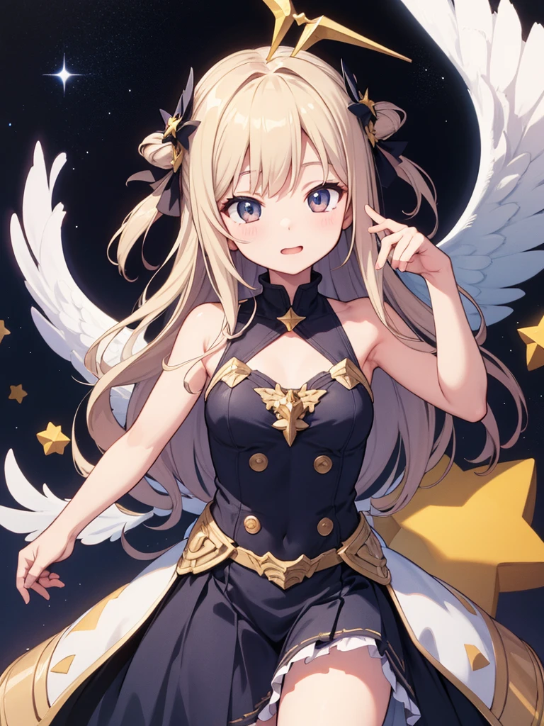 highest quality、Masterpiece、Official Art、Super detailed、The best composition、Star Fairy, Angel's wing, Gray Hair, hair band, short hair, dress, Frills, Blue eyes, blue dress,Star horn , Are standing