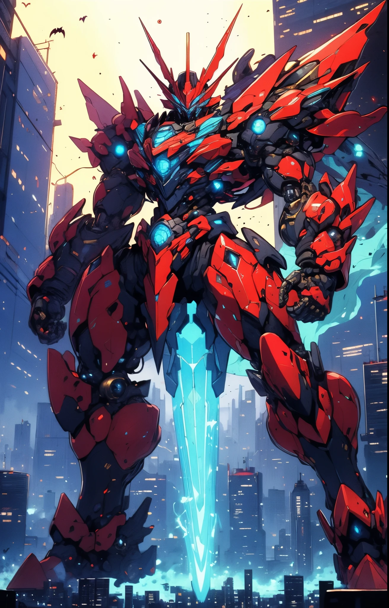 Humanoid Mecha, fully enclosed shoulder guards, matching arm and leg guards, full body, full armor, super robot, the design balances heavy with agility, (the color scheme is primarily white with red and blue accents, the concept Inspired by super robot, Bat concept chest armor, pose, standing, floating high above the futuristic sci-fi city), exquisite and mature art style, (aura effect, energy, glowing eyes, the armor glows), ((SRS)), metallic, dramatic, high definition, best quality, highres, ultra-detailed, ultra-fine painting, extremely delicate, professional, perfect body proportions, anatomically correct, symmetrical face, extremely detailed eyes and face, high quality eyes, creativity, RAW photo, UHD, 32k, Natural light, cinematic lighting, masterpiece-anatomy-perfect, masterpiece:1.5