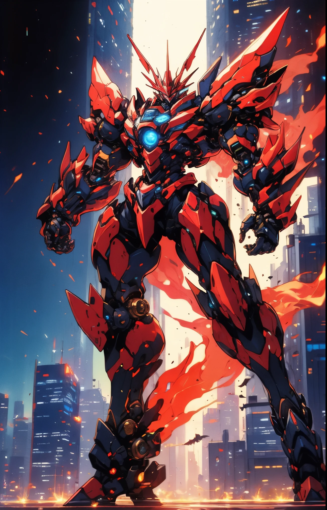 Humanoid Mecha, fully enclosed shoulder guards, matching arm and leg guards, full body, full armor, super robot, the design balances heavy with agility, (the color scheme is primarily white with red and blue accents, the concept Inspired by super robot, Bat concept chest armor, pose, standing, floating high above the futuristic sci-fi city), exquisite and mature art style, (aura effect, energy, glowing eyes, the armor glows), ((SRS)), metallic, dramatic, high definition, best quality, highres, ultra-detailed, ultra-fine painting, extremely delicate, professional, perfect body proportions, anatomically correct, symmetrical face, extremely detailed eyes and face, high quality eyes, creativity, RAW photo, UHD, 32k, Natural light, cinematic lighting, masterpiece-anatomy-perfect, masterpiece:1.5