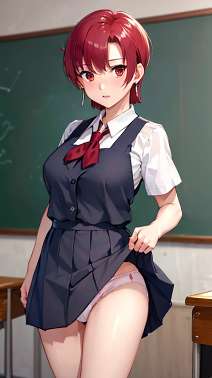 (masterpiece, highest quality:1.2), bazett, FGO, One girl, alone, short hair, Redhead, bangs, Red eyes、blush、Shame face、Normal beautiful breasts, Earrings, (Sailor suit、mini skirt)、classroom、((Skirt lifted、Cute white panties、Panty shot))