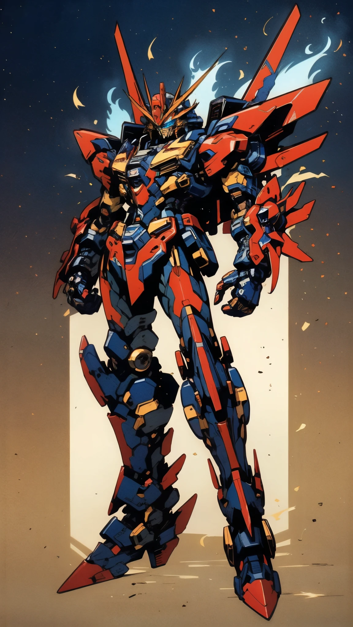 Humanoid Mecha, fully enclosed shoulder guards, matching arm and leg guards, full body, full armor, super robot, the design balances heavy with agility, (the color scheme is primarily white with red and blue accents, the concept Inspired by super robot, composite layered chest armor, pose, standing, floating high above the futuristic sci-fi city), exquisite and mature art style, (aura effect, energy, glowing eyes, the armor glows), ((SRS)), metallic, dramatic, high definition, best quality, highres, ultra-detailed, ultra-fine painting, extremely delicate, professional, perfect body proportions, anatomically correct, symmetrical face, extremely detailed eyes and face, high quality eyes, creativity, RAW photo, UHD, 32k, Natural light, cinematic lighting, masterpiece-anatomy-perfect, masterpiece:1.5