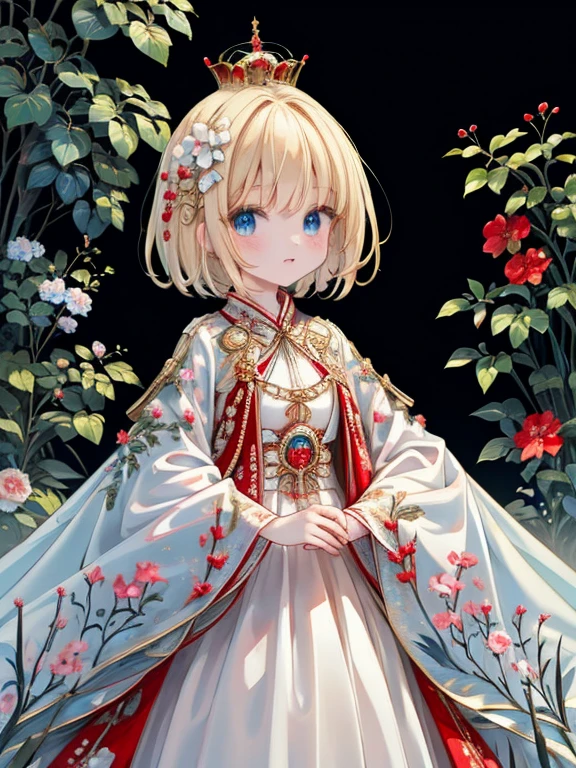 masterpiece, highest quality, Very detailed, 16k, Ultra-high resolution, Cowboy Shot, Detailed face, Perfect Fingers, One female, aged 14, blue eyes, Blonde, short hair, royal palace, garden, hjy, a woman in a red and white dress and a red and white robe
