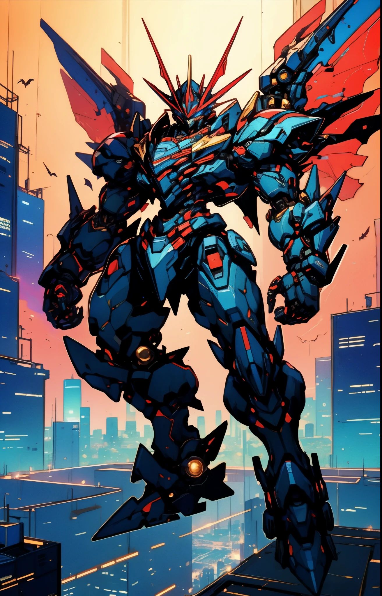Humanoid Mecha, fully enclosed shoulder guards, matching arm and leg guards, full body, full armor, super robot, the design balances heavy with agility, (the color scheme is primarily white with red and blue accents, the concept Inspired by super robot, Bat concept chest armor, pose, standing, floating high above the futuristic sci-fi city), exquisite and mature art style, (aura effect, energy, glowing eyes, the armor glows), ((SRS)), metallic, dramatic, high definition, best quality, highres, ultra-detailed, ultra-fine painting, extremely delicate, professional, perfect body proportions, anatomically correct, symmetrical face, extremely detailed eyes and face, high quality eyes, creativity, RAW photo, UHD, 32k, Natural light, cinematic lighting, masterpiece-anatomy-perfect, masterpiece:1.5