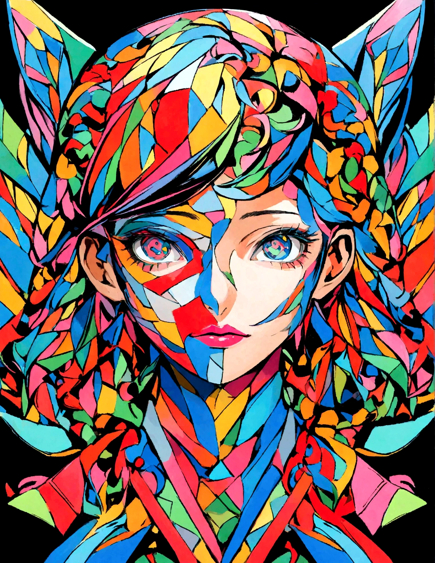 centered image. Peinture faciale pour femmes orientales, sur fond noir, Visage abstrait, portrait abstrait, stylized face, peinture pop-art, Very expressive detailed face, expressive female face, style picasso, Une peinture pop art, Belle peinture expressive, detailed face of&#39;une femme japonaise, detailed expression, style picasso, style cubisme