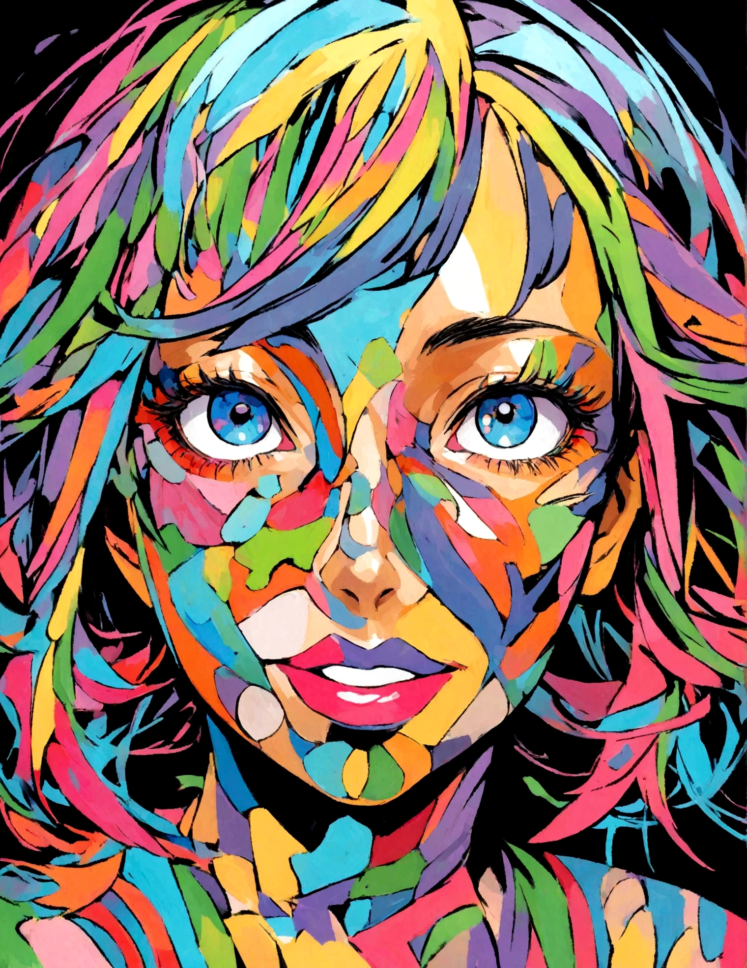 centered image. Peinture faciale pour femmes orientales, sur fond ????, Visage abstrait, portrait abstrait, stylized face, peinture pop-art, Very expressive detailed face, expressive female face, style picasso, Une peinture pop art, Belle peinture expressive, detailed face of&#39;une femme japonaise, detailed expression, style picasso, style cubisme