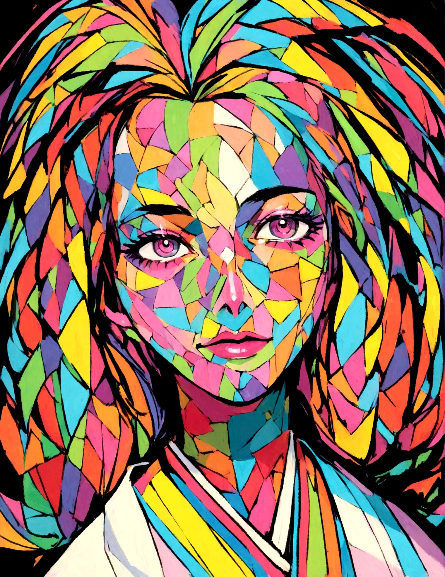 centered image. Peinture faciale pour femmes orientales, sur fond noir, Visage abstrait, portrait abstrait, stylized face, peinture pop-art, Very expressive detailed face, expressive female face, style picasso, Une peinture pop art, Belle peinture expressive, detailed face of'une femme japonaise, detailed expression, style picasso, style cubisme