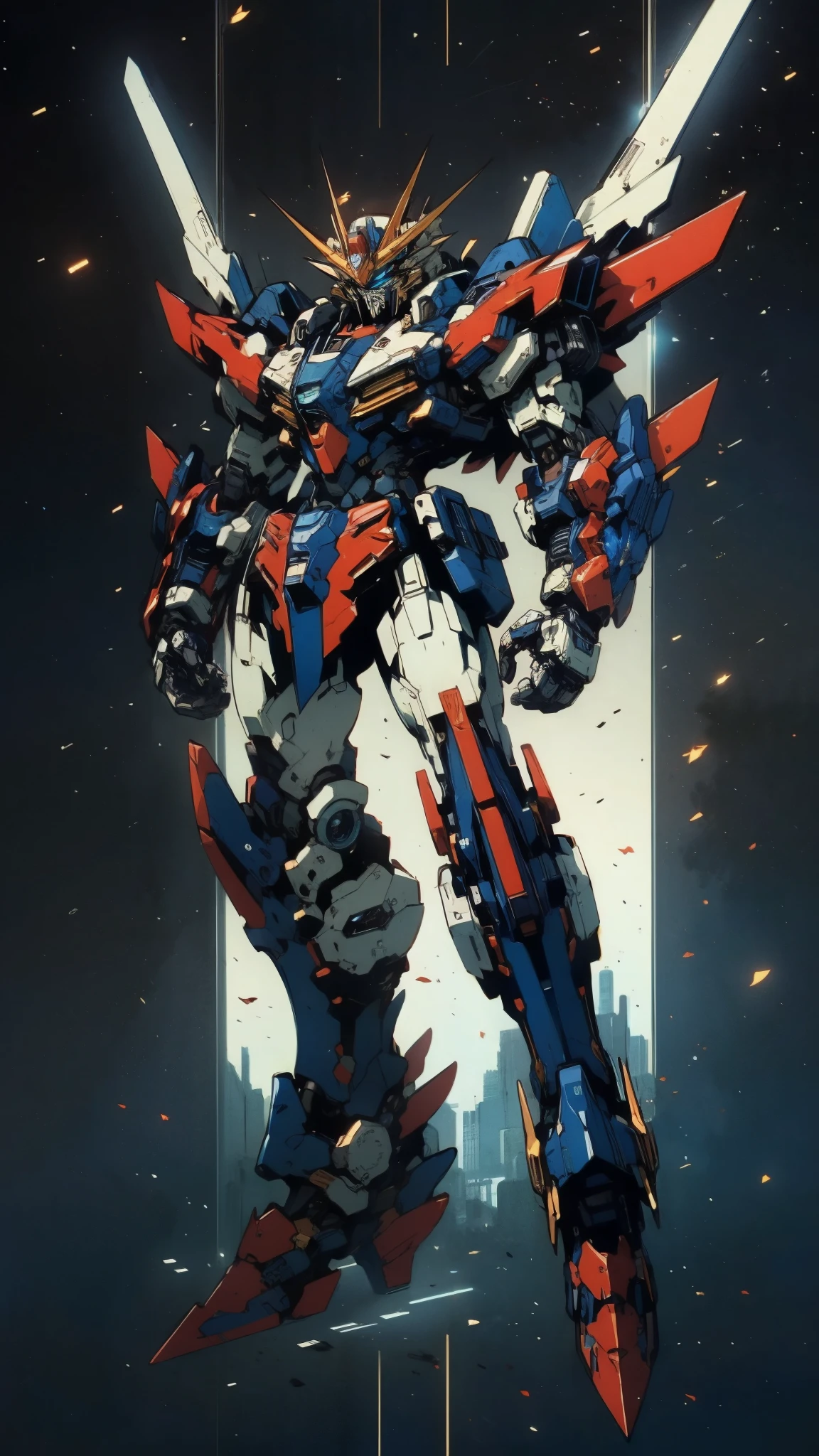 Humanoid Mecha, fully enclosed shoulder guards, matching arm and leg guards, full body, full armor, super robot, the design balances heavy with agility, (the color scheme is primarily white with red and blue accents, the concept Inspired by super robot, composite layered chest armor, pose, standing, floating high above the futuristic sci-fi city), exquisite and mature art style, (aura effect, energy, glowing eyes, the armor glows), ((SRS)), metallic, dramatic, high definition, best quality, highres, ultra-detailed, ultra-fine painting, extremely delicate, professional, perfect body proportions, anatomically correct, symmetrical face, extremely detailed eyes and face, high quality eyes, creativity, RAW photo, UHD, 32k, Natural light, cinematic lighting, masterpiece-anatomy-perfect, masterpiece:1.5