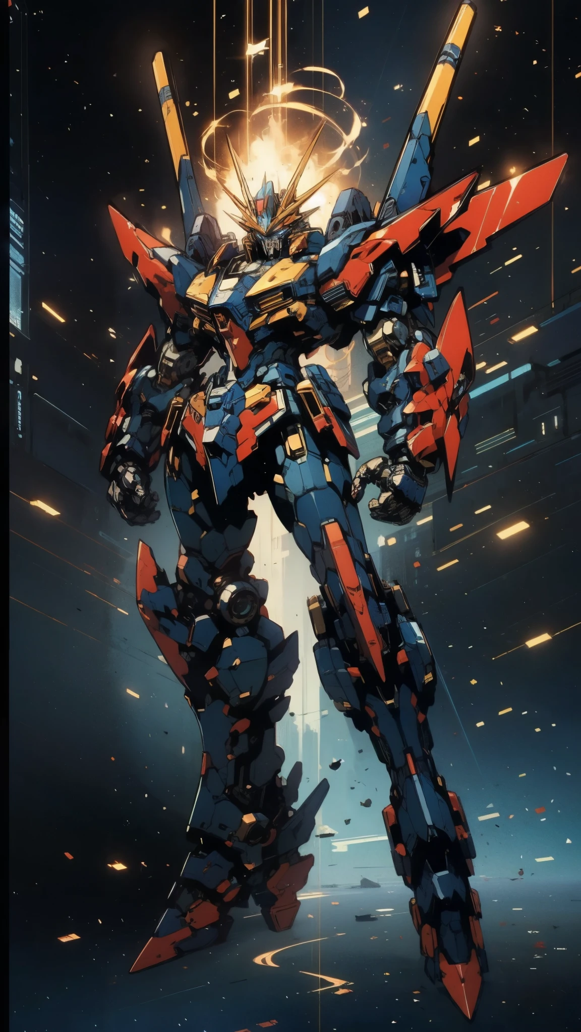 Humanoid Mecha, fully enclosed shoulder guards, matching arm and leg guards, full body, full armor, super robot, the design balances heavy with agility, (the color scheme is primarily white with red and blue accents, the concept Inspired by super robot, composite layered chest armor, pose, standing, floating high above the futuristic sci-fi city), exquisite and mature art style, (aura effect, energy, glowing eyes, the armor glows), ((SRS)), metallic, dramatic, high definition, best quality, highres, ultra-detailed, ultra-fine painting, extremely delicate, professional, perfect body proportions, anatomically correct, symmetrical face, extremely detailed eyes and face, high quality eyes, creativity, RAW photo, UHD, 32k, Natural light, cinematic lighting, masterpiece-anatomy-perfect, masterpiece:1.5