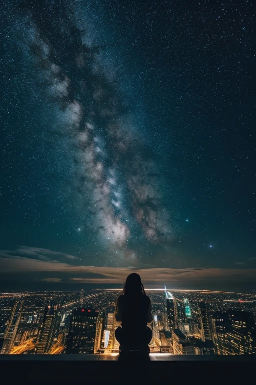 Octane, null, star (null), landscape, starry null, night, only , night null, alone, Outdoor, sign, building, cloud, milky way, Sitting, wood, Long Hair, city, silhouette, cityscape