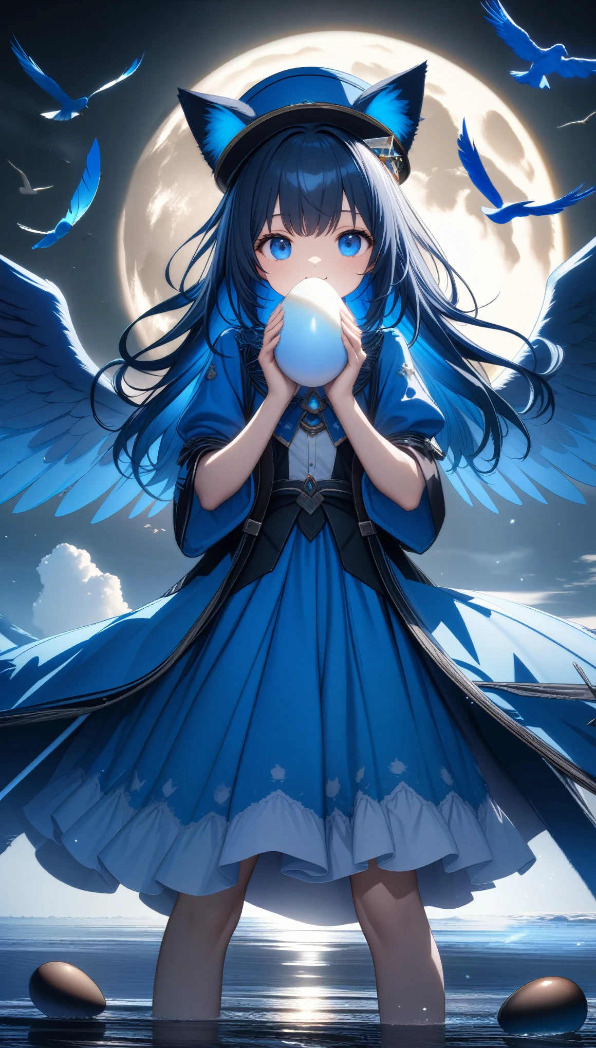 32k, best quality, ultra high res, HDR, UHD, extremely detailed CG, unity 32k wallpaper, A dark, futuristic, silhouetted figure of a girl with cat ears and a long, flowing coat, holding a massive scythe with a mechanical cat integrated into the blade, standing on a reflective surface with a minimalist, light gray background. --ar 4:3 --stylize 600 --niji 6, 32k, best quality, ultra high res, HDR, UHD, extremely detailed CG, unity 32k wallpaper, A world full of eggs, 18-year-old, Holding a rainbow-colored egg in both hands, Very cute girl, Blue Hair, Long Hair, blue eyes, A beautiful and cute blue dress, from the front, A very beautiful sea background, Standing on the water, Particles that glow blue, bird, cloud, Egg with wings, Close your mouth and smile happily, A cute hat with blue feathers, (wing), full moon,