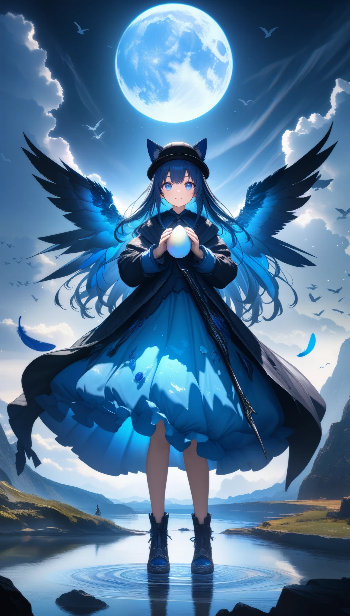 32k, best quality, ultra high res, HDR, UHD, extremely detailed CG, unity 32k wallpaper, A dark, futuristic, silhouetted figure of a girl with cat ears and a long, flowing coat, holding a massive scythe with a mechanical cat integrated into the blade, standing on a reflective surface with a minimalist, light gray background. --ar 4:3 --stylize 600 --niji 6, 32k, best quality, ultra high res, HDR, UHD, extremely detailed CG, unity 32k wallpaper, A world full of eggs, 18-year-old, Holding a rainbow-colored egg in both hands, Very cute girl, Blue Hair, Long Hair, blue eyes, A beautiful and cute blue dress, from the front, A very beautiful sea background, Standing on the water, Particles that glow blue, bird, cloud, Egg with wings, Close your mouth and smile happily, A cute hat with blue feathers, (wing), full moon,