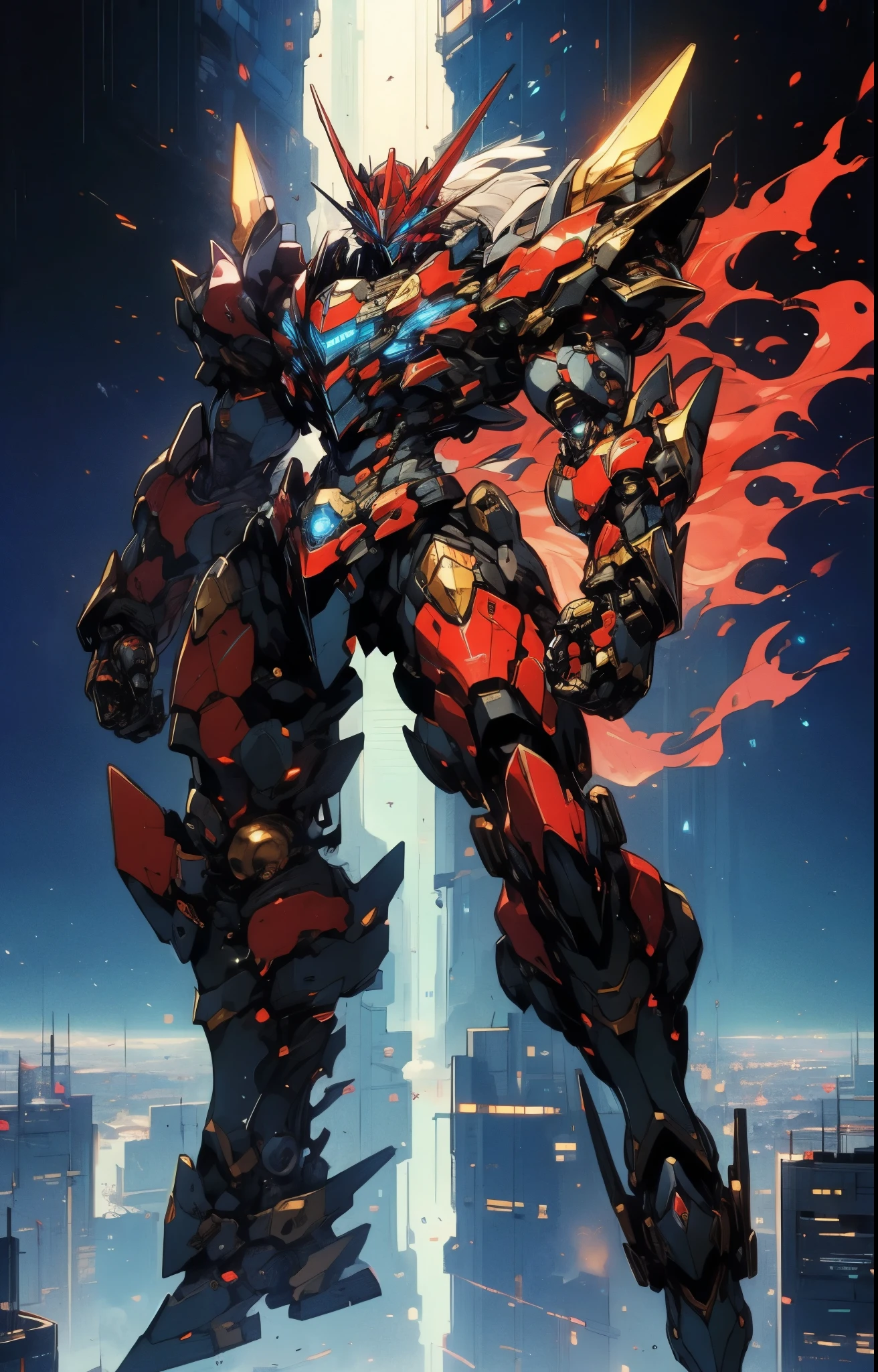 Humanoid Mecha, fully enclosed shoulder guards, matching arm and leg guards, full body, full armor, super robot, the design balances heavy with agility, (the color scheme is primarily white with red and blue accents, the concept Inspired by super robot, Bat concept chest armor, pose, standing, floating high above the futuristic sci-fi city), exquisite and mature art style, (aura effect, energy, glowing eyes, the armor glows), ((SRS)), metallic, dramatic, high definition, best quality, highres, ultra-detailed, ultra-fine painting, extremely delicate, professional, perfect body proportions, anatomically correct, symmetrical face, extremely detailed eyes and face, high quality eyes, creativity, RAW photo, UHD, 32k, Natural light, cinematic lighting, masterpiece-anatomy-perfect, masterpiece:1.5