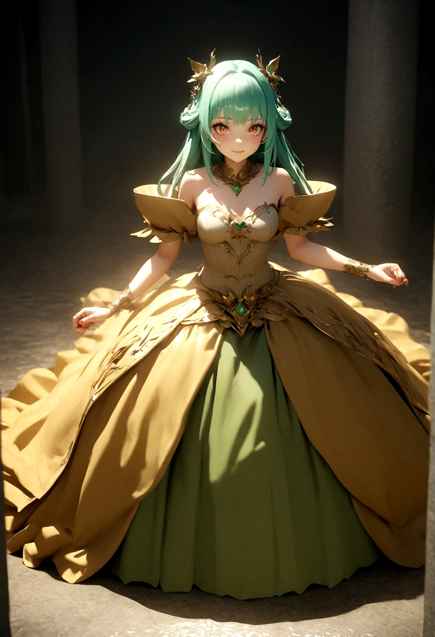 lum,(masterpiece, best quality:1.2), 1girl, jade hair，solo,front view，in wedding dress:2，green leggings，smile ,realistic，3d，Unreal Engine 5，skin texture，stand pose，anatomical correct：2，fullbody：2，xianxia