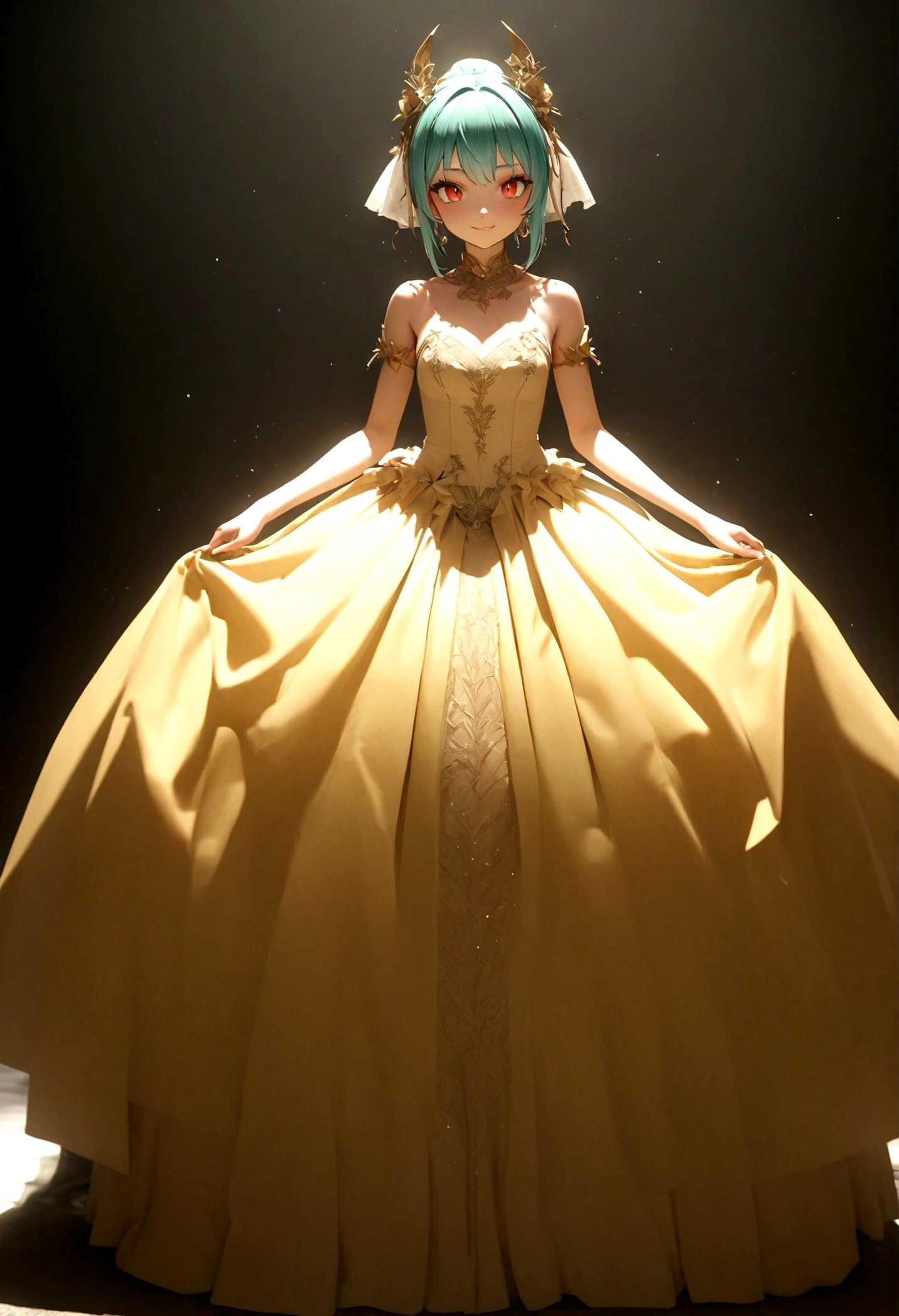 lum,(masterpiece, best quality:1.2), 1girl, jade hair，solo,front view，in wedding dress:2，green leggings，smile ,realistic，3d，Unreal Engine 5，skin texture，stand pose，anatomical correct：2，fullbody：2，xianxia