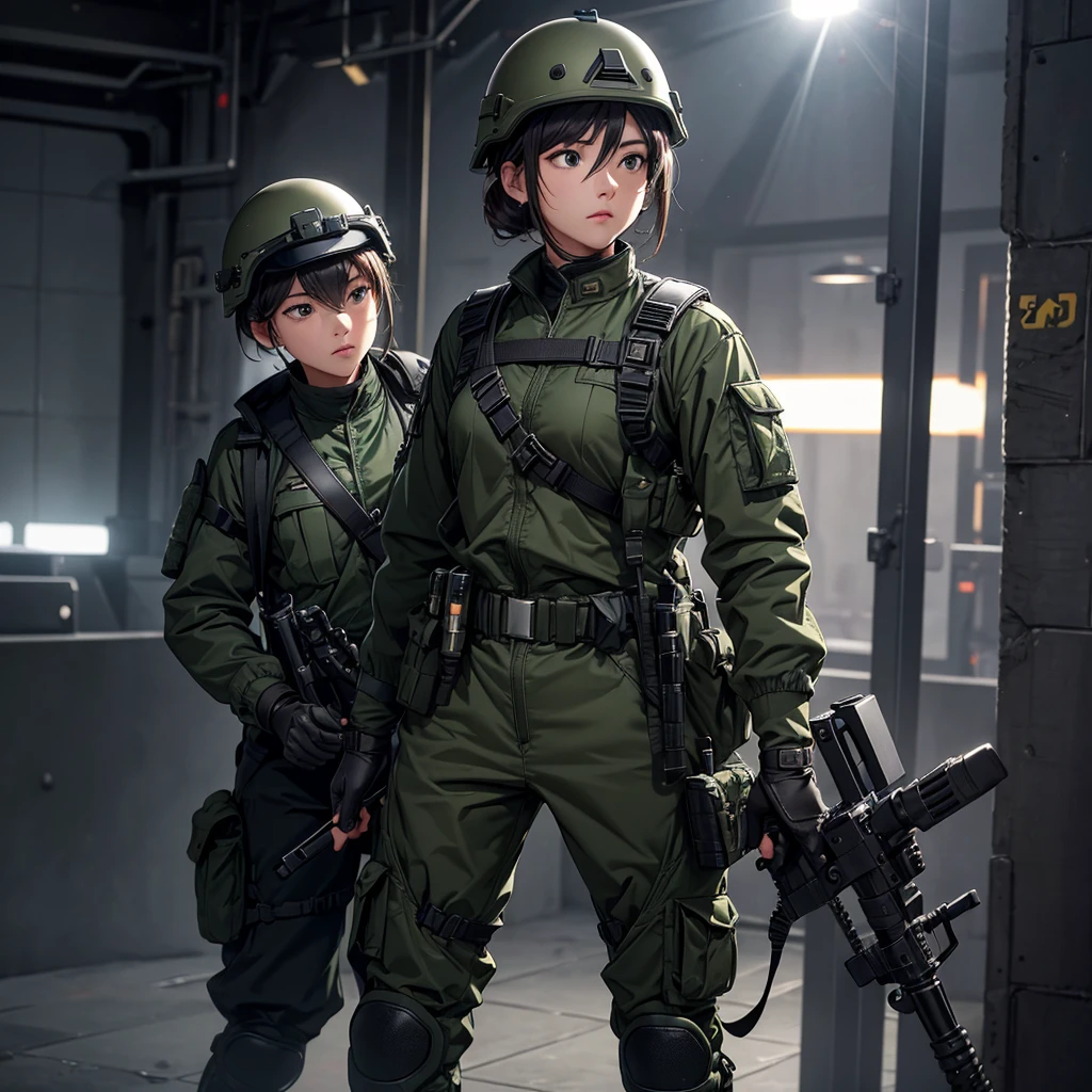 A female soldier wearing a helmet stands guard、Two black rubber shoulder straps crisscross、Dark green M51 jacket、upright、Magazine Pouch、military trousers、Knee pads、Tactical gloves、Write details、masterpiece、best quality、Highly detailed CG、8K picture quality、theater lighting、lens flare