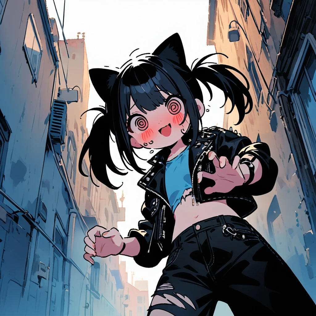 2d,solo,1female\(cute,kawaii,age of 12,(evil smile),floating hair,(black hair:1),(long twin tails hair),pale skin,skin color blue,red eyes,eyes shining,(big eyes),(ripped clothes:1.5),tight tube top,(breast:1.4),tight hot pants,(stomach shown:0.6),(punk fashion:1.4),(ripped black short jacket:1.4),fluffy black cat-ear,(dynamic pose:1.4),(cute pose),better hands,Perfect Hands,full body,(bright @_@:1.8)\), BREAK ,background\(outside,noisy city,backstreet,narrow street,neon lights\),[chibi:1.4],[nsfw:2.0],quality\(8k,wallpaper of extremely detailed CG unit, ​masterpiece,hight resolution,top-quality,top-quality real texture skin,hyper realisitic,increase the resolution,RAW photos,best qualtiy,highly detailed,the wallpaper/),(close up:1.0),from below,[nsfw:0.8],