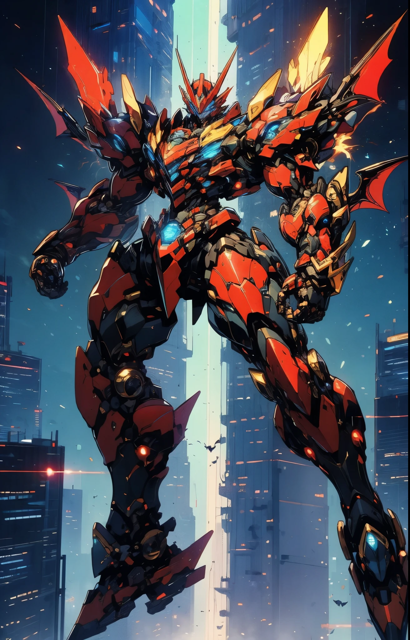 Humanoid Mecha, fully enclosed shoulder guards, matching arm and leg guards, full body, full armor, super robot, the design balances heavy with agility, (the color scheme is primarily white with red and blue accents, the concept Inspired by super robot, Bat concept chest armor, pose, standing, floating high above the futuristic sci-fi city), exquisite and mature art style, (aura effect, energy, glowing eyes, the armor glows), ((SRS)), metallic, dramatic, high definition, best quality, highres, ultra-detailed, ultra-fine painting, extremely delicate, professional, perfect body proportions, anatomically correct, symmetrical face, extremely detailed eyes and face, high quality eyes, creativity, RAW photo, UHD, 32k, Natural light, cinematic lighting, masterpiece-anatomy-perfect, masterpiece:1.5