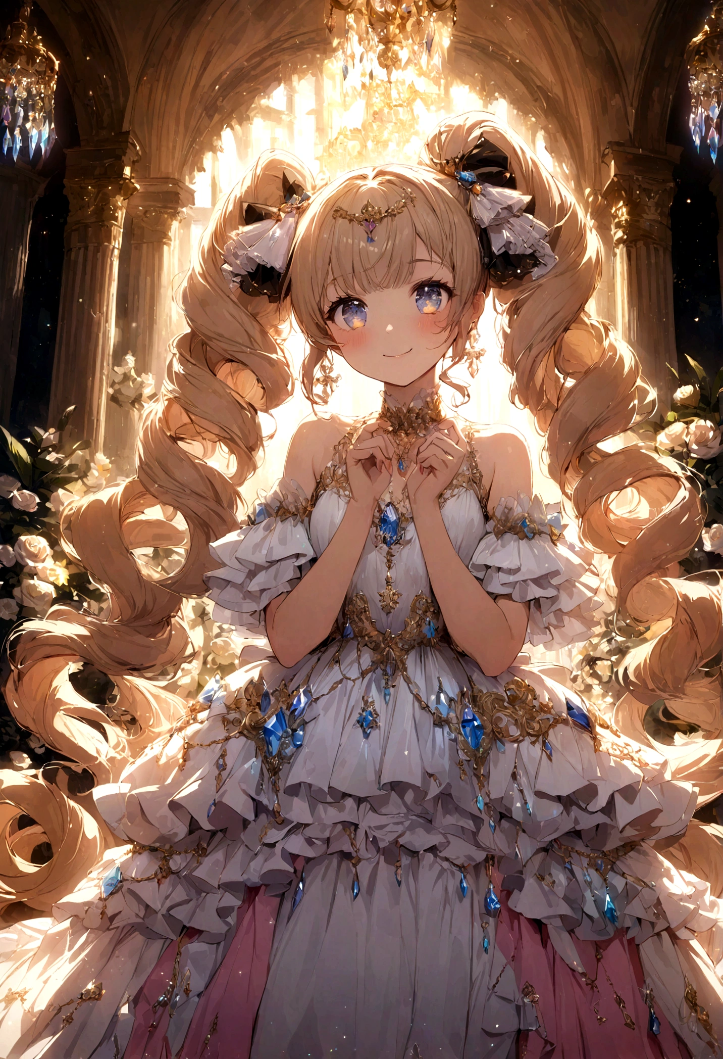 Dramatic composition, court-style dresses, royal, gorgeous, cascading frills, ruffles, bows, crystal chandeliers, Roman curly hairstyles, ponet, double ponytails like drills, look at the camera, bangs, maximalism, palatial background, delicate portrayal of hair and eyes, princess dresses, gorgeous skirts, flowers in hand, smiles, starry eyes, cinematic light, extreme detail, high definition, happy girl, very long hair, diamonds, broken diamonds, crystal fragments, light particles