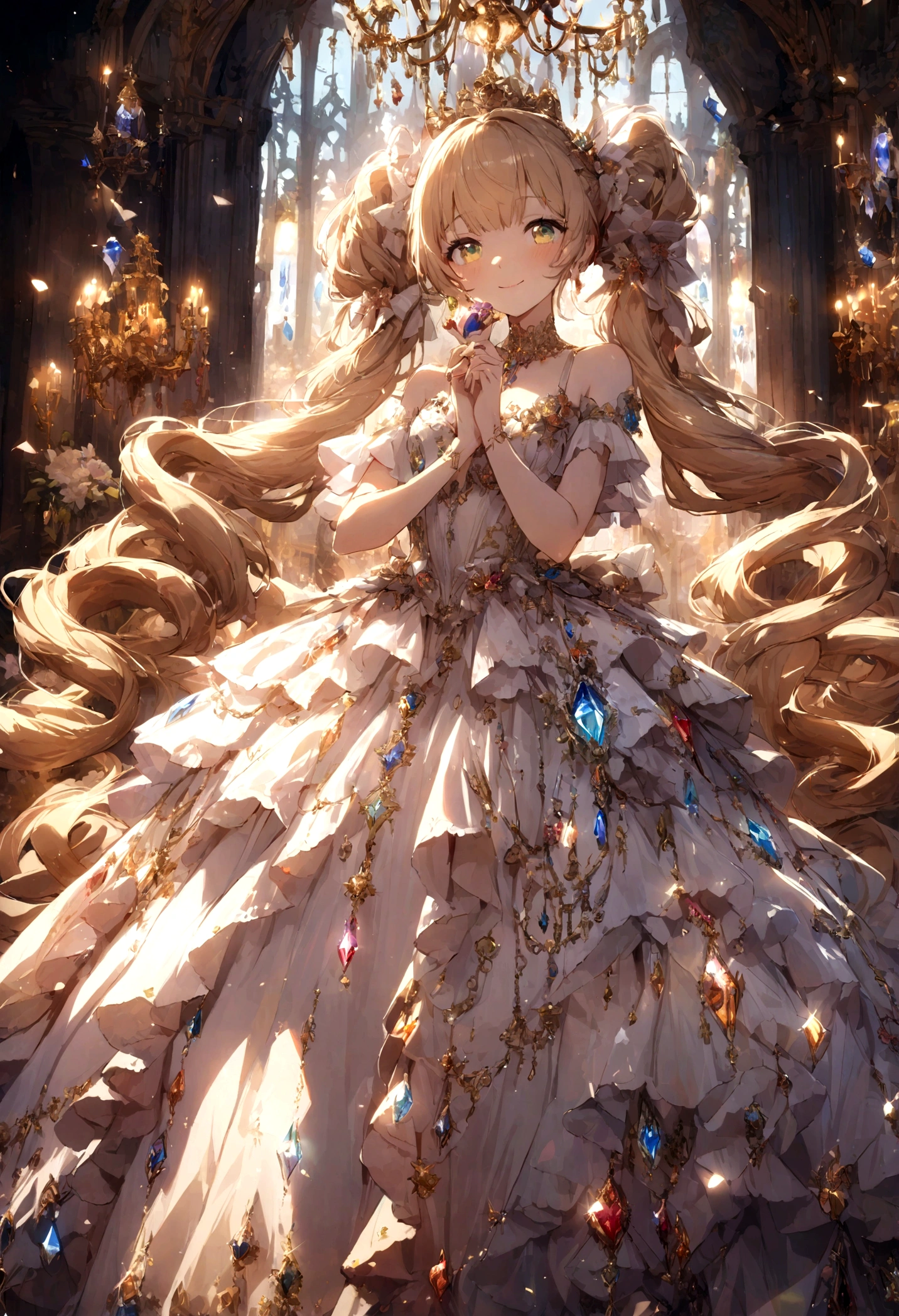 Dramatic composition, court-style dresses, royal, gorgeous, cascading frills, ruffles, bows, crystal chandeliers, Roman curly hairstyles, ponet, double ponytails like drills, look at the camera, bangs, maximalism, palatial background, delicate portrayal of hair and eyes, princess dresses, gorgeous skirts, flowers in hand, smiles, starry eyes, cinematic light, extreme detail, high definition, happy girl, very long hair, diamonds, broken diamonds, crystal fragments, light particles