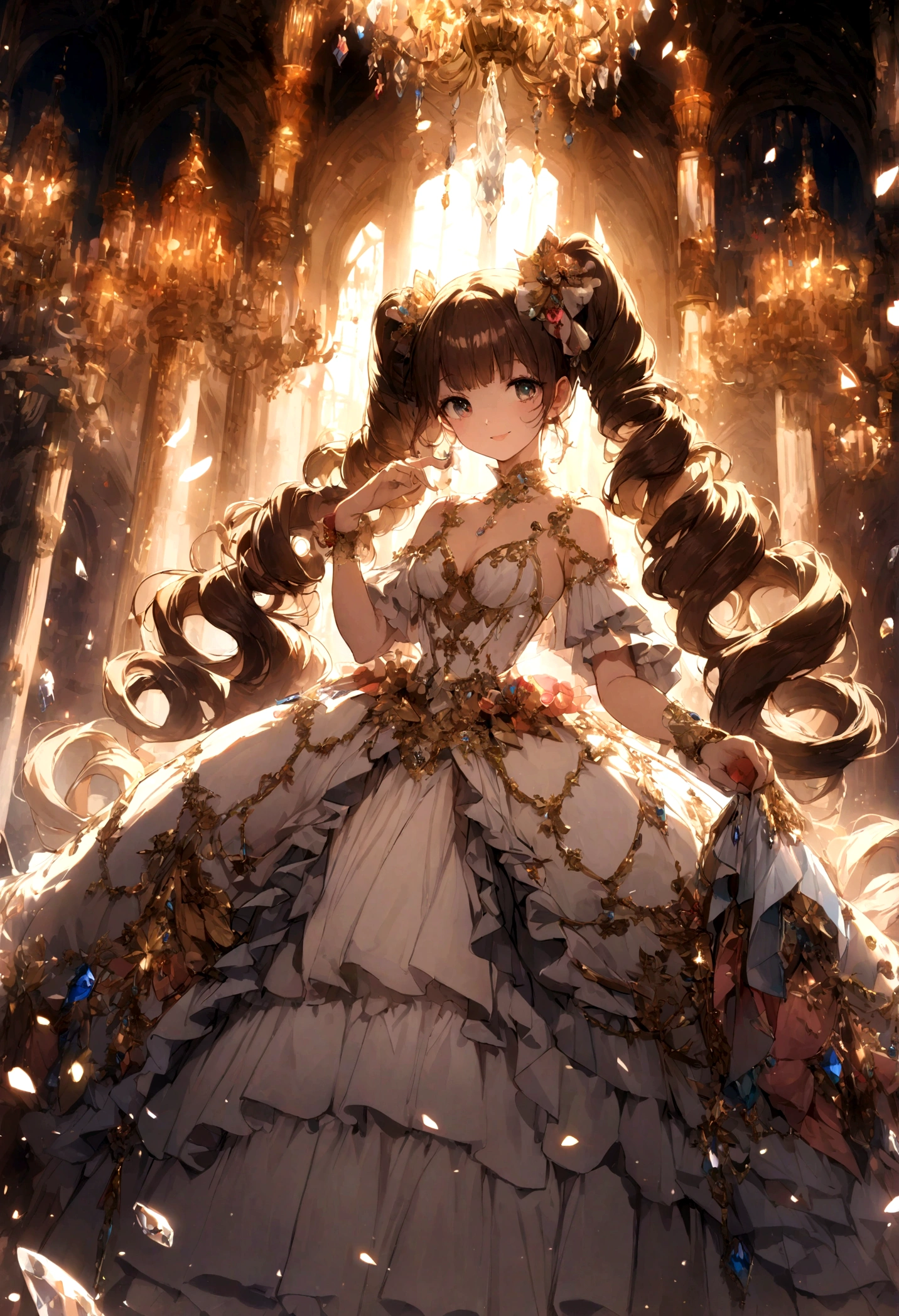 Dramatic composition, court-style dresses, royal, gorgeous, cascading frills, ruffles, bows, crystal chandeliers, Roman curly hairstyles, ponet, double ponytails like drills, look at the camera, bangs, maximalism, palatial background, delicate portrayal of hair and eyes, princess dresses, gorgeous skirts, flowers in hand, smiles, starry eyes, cinematic light, extreme detail, high definition, happy girl, very long hair, diamonds, broken diamonds, crystal fragments, light particles