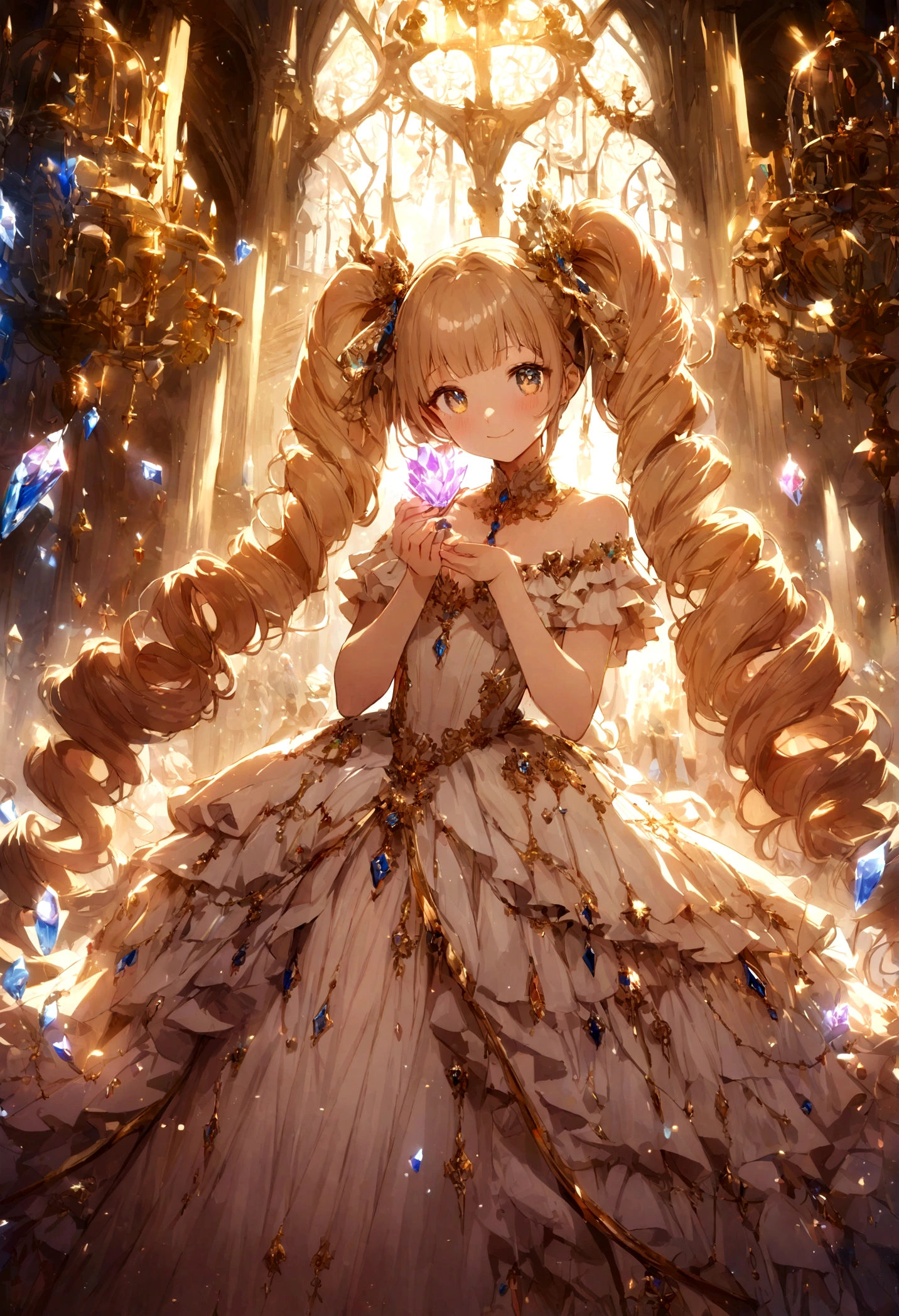 Dramatic composition, court-style dresses, royal, gorgeous, cascading frills, ruffles, bows, crystal chandeliers, Roman curly hairstyles, ponet, double ponytails like drills, look at the camera, bangs, maximalism, palatial background, delicate portrayal of hair and eyes, princess dresses, gorgeous skirts, flowers in hand, smiles, starry eyes, cinematic light, extreme detail, high definition, happy girl, very long hair, diamonds, broken diamonds, crystal fragments, light particles
