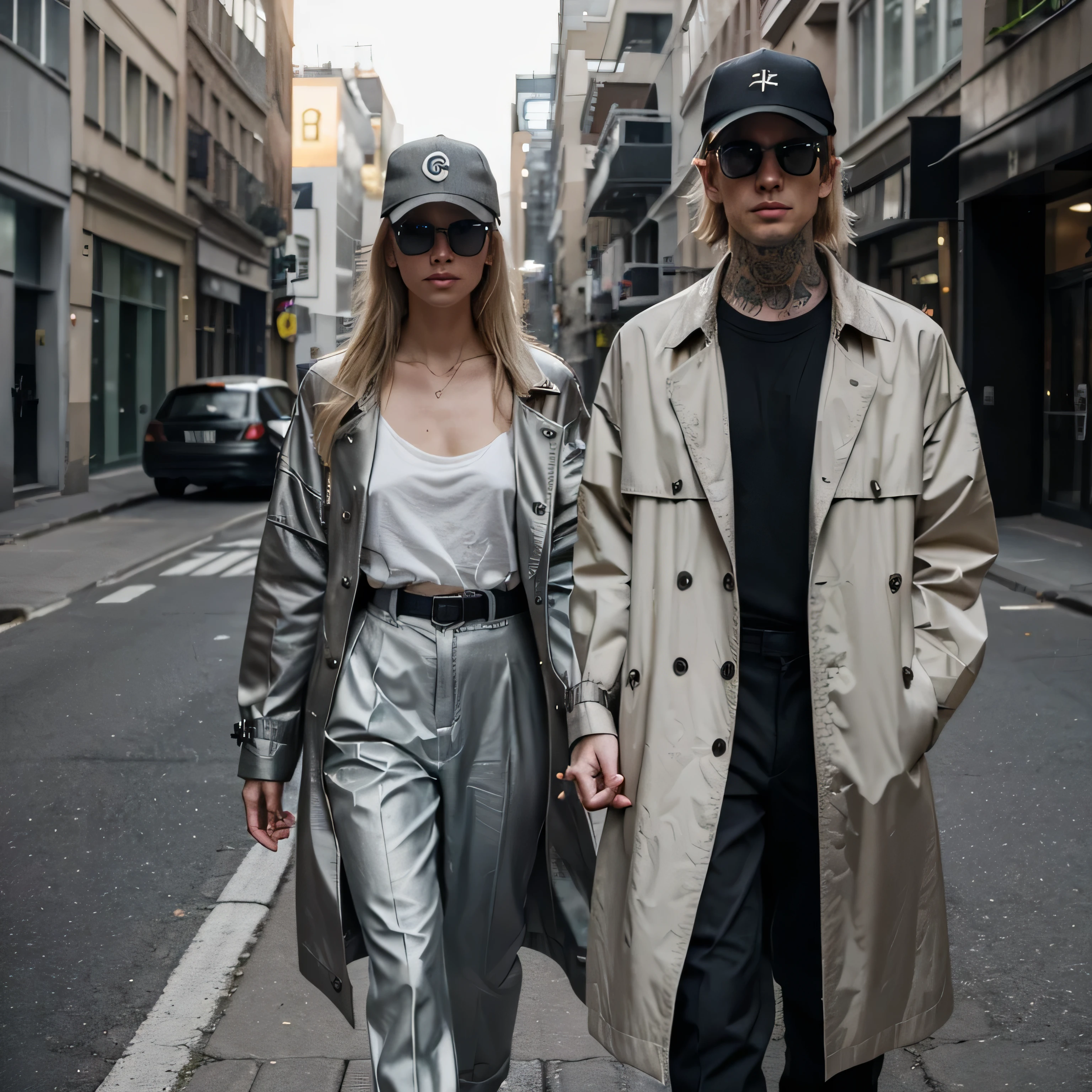 "A realistic image of a blonde female and male model wearing Trench coat and office trousers  in the streetwear style of Yohji Yamamoto . They have tattoos on her body and is wearing dark square sunglasses. The models are standing on the street, fully clothed and in a non-nude pose. Completing the ensemble, they are both wearing a baseball-style cap, adding a touch of casual flair to the overall look." Color palette: metalic silver, yellow light green and black