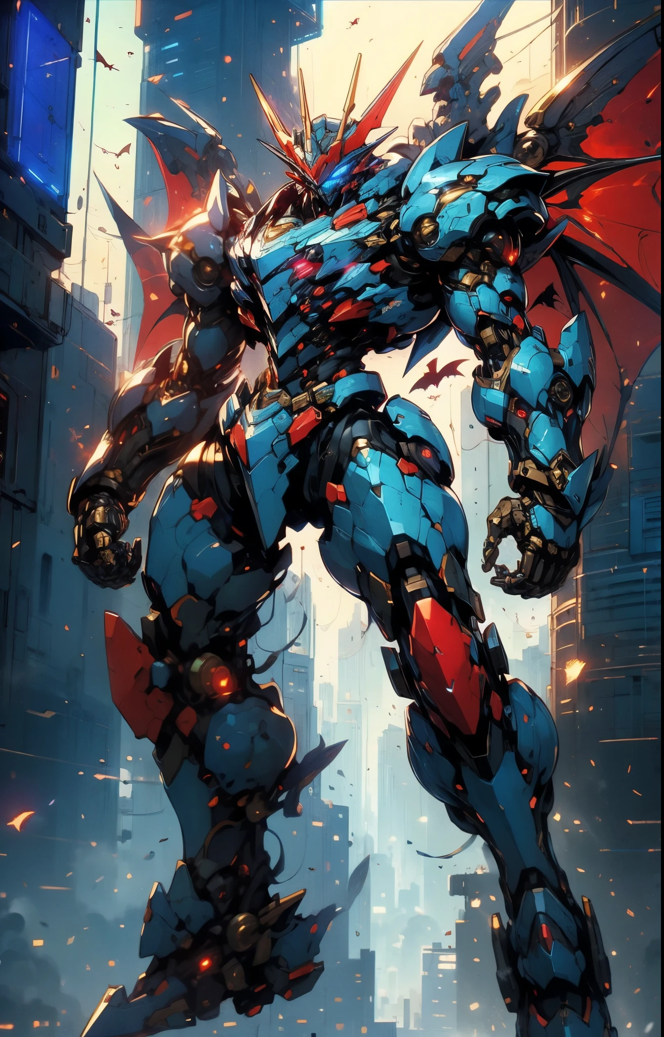 Humanoid Mecha, fully enclosed shoulder guards, matching arm and leg guards, full body, full armor, super robot, the design balances heavy with agility, (the color scheme is primarily white with red and blue accents, the concept Inspired by super robot, Bat concept chest armor, pose, standing, floating high above the futuristic sci-fi city), exquisite and mature art style, (aura effect, energy, glowing eyes, the armor glows), ((SRS)), metallic, dramatic, high definition, best quality, highres, ultra-detailed, ultra-fine painting, extremely delicate, professional, perfect body proportions, anatomically correct, symmetrical face, extremely detailed eyes and face, high quality eyes, creativity, RAW photo, UHD, 32k, Natural light, cinematic lighting, masterpiece-anatomy-perfect, masterpiece:1.5