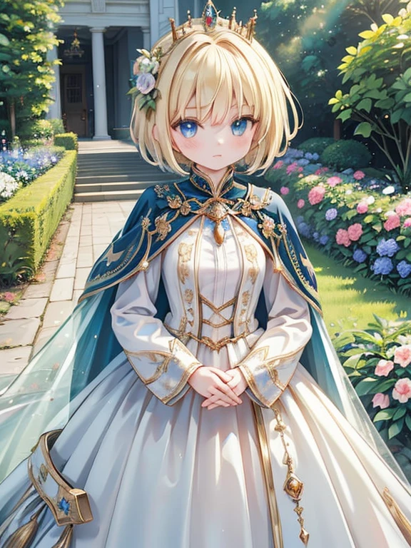 masterpiece, highest quality, Very detailed, 16k, Ultra-high resolution, Cowboy Shot, Detailed face, Perfect Fingers, One female, , blue eyes, Blonde, short hair, royal palace, garden, hjy, a dress with a long train and a cape