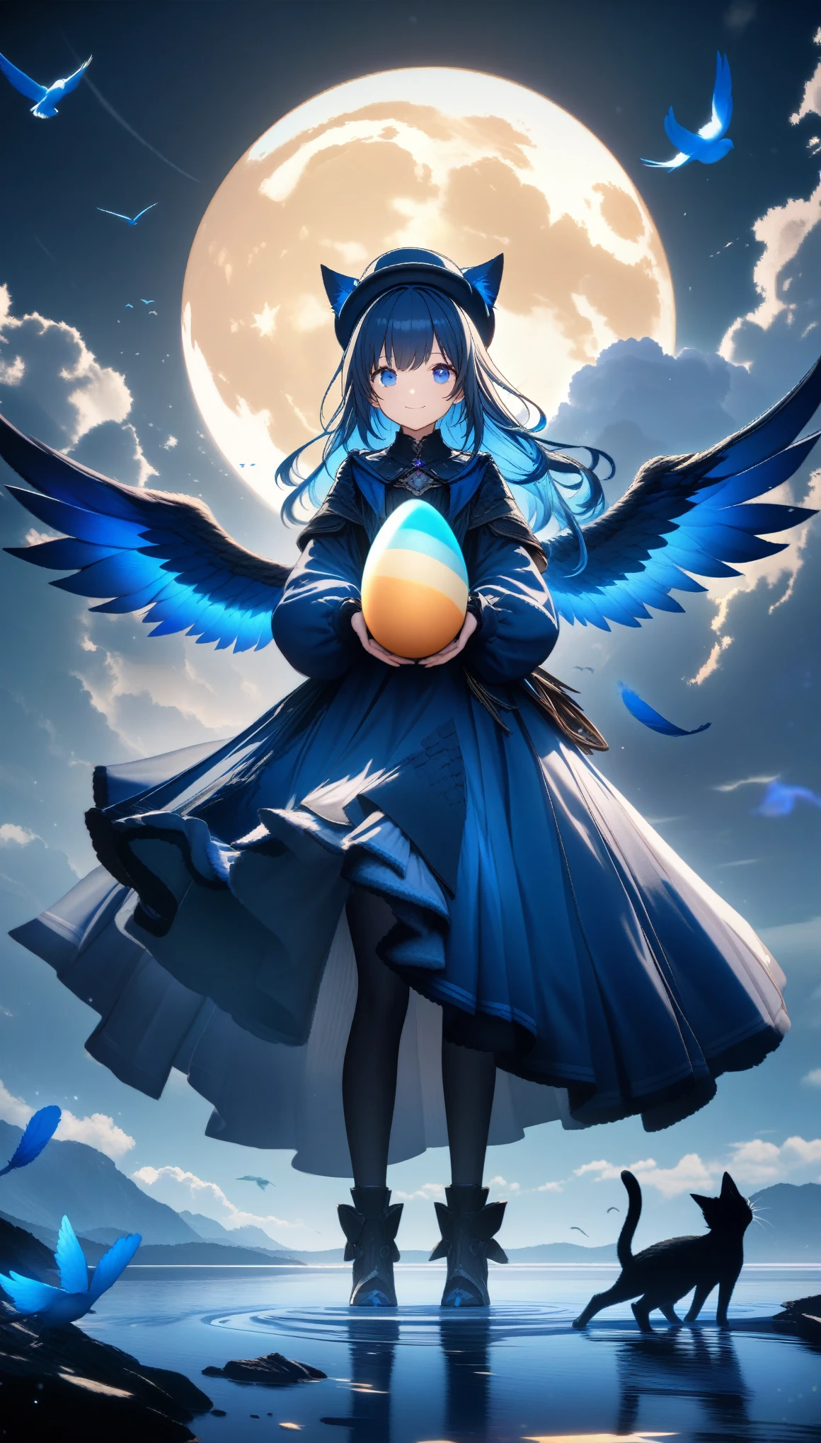 32k, best quality, ultra high res, HDR, UHD, extremely detailed CG, unity 32k wallpaper, A dark, futuristic, silhouetted figure of a girl with cat ears and a long, flowing coat, holding a massive scythe with a mechanical cat integrated into the blade, standing on a reflective surface with a minimalist, light gray background. --ar 4:3 --stylize 600 --niji 6, 32k, best quality, ultra high res, HDR, UHD, extremely detailed CG, unity 32k wallpaper, A world full of eggs, 18-year-old, Holding a rainbow-colored egg in both hands, Very cute girl, Blue Hair, Long Hair, blue eyes, A beautiful and cute blue dress, from the front, A very beautiful sea background, Standing on the water, Particles that glow blue, bird, cloud, Egg with wings, Close your mouth and smile happily, A cute hat with blue feathers, (wing), full moon,