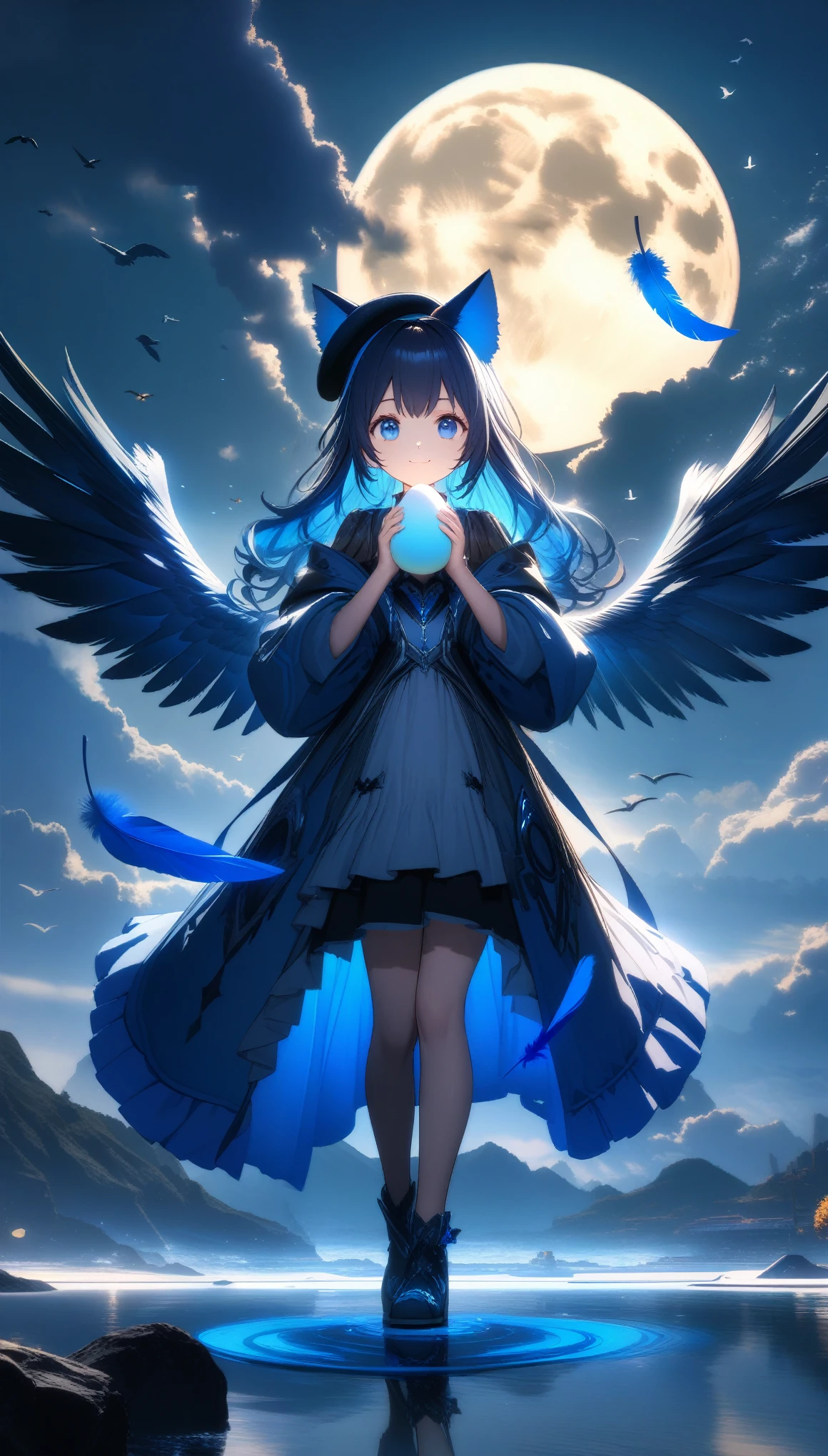 32k, best quality, ultra high res, HDR, UHD, extremely detailed CG, unity 32k wallpaper, A dark, futuristic, silhouetted figure of a girl with cat ears and a long, flowing coat, holding a massive scythe with a mechanical cat integrated into the blade, standing on a reflective surface with a minimalist, light gray background. --ar 4:3 --stylize 600 --niji 6, 32k, best quality, ultra high res, HDR, UHD, extremely detailed CG, unity 32k wallpaper, A world full of eggs, 18-year-old, Holding a rainbow-colored egg in both hands, Very cute girl, Blue Hair, Long Hair, blue eyes, A beautiful and cute blue dress, from the front, A very beautiful sea background, Standing on the water, Particles that glow blue, bird, cloud, Egg with wings, Close your mouth and smile happily, A cute hat with blue feathers, (wing), full moon,