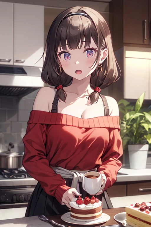 masterpiece, yor, 1girl, Amazing Cleavage:1.3, thin waist, big ass, Raised sexy, medium breast: 1.8 posed cleavage:1.2、solo, looking at viewer, open mouth, have a cup of coffee,black hair, red eyes, dress, bare shoulders, jewelry, collarbone, sidelocks, hairband, earrings, indoors, off shoulder, :o, sweater, arms behind back, plant, short hair with long locks, white hairband, off-shoulder dress, sweater dress, off-shoulder sweater, red sweater, big side hair, very long side hair,is rendered in (masterpiece: 1.2, best quality), with (ultra high resolution) and an exquisite (depth of field). This masterpiece is not only visually stunning but also tells, make of cake cooking ,in the kitchen