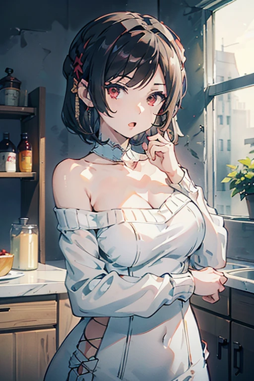 masterpiece, 1girl, Amazing Cleavage:1.3, thin waist, big ass, Raised sexy, medium breast:1.3,posed cleavage:1.2,solo, looking at viewer, open mouth, have a cup of coffee,black hair, red eyes, dress, bare shoulders, jewelry, collarbone, sidelocks, hairband, earrings, indoors, off shoulder, :o, sweater, arms behind back, plant, short hair with long locks, white hairband, off-shoulder dress, sweater dress, off-shoulder sweater, red sweater, big side hair, very long side hair,is rendered in (masterpiece: 1.2, best quality), with (ultra high resolution) and an exquisite (depth of field). This masterpiece is not only visually stunning but also tells, make of cooking some cakes ,in the kitchen