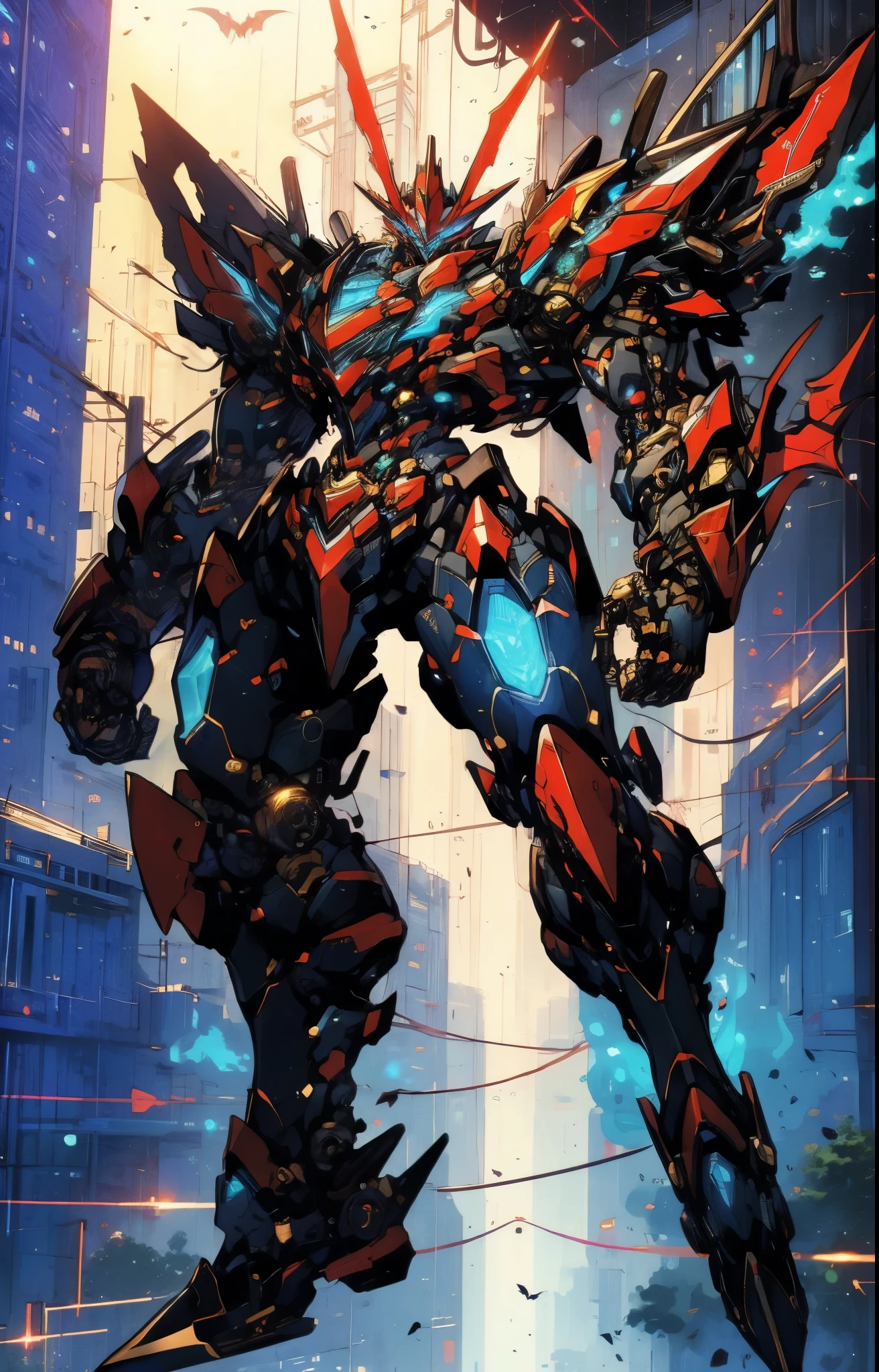 Humanoid Mecha, fully enclosed shoulder guards, matching arm and leg guards, full body, full armor, super robot, the design balances heavy with agility, (the color scheme is primarily white with red and blue accents, the concept Inspired by super robot, Bat concept chest armor, pose, standing, floating high above the futuristic sci-fi city), exquisite and mature art style, (aura effect, energy, glowing eyes, the armor glows), ((SRS)), metallic, dramatic, high definition, best quality, highres, ultra-detailed, ultra-fine painting, extremely delicate, professional, perfect body proportions, anatomically correct, symmetrical face, extremely detailed eyes and face, high quality eyes, creativity, RAW photo, UHD, 32k, Natural light, cinematic lighting, masterpiece-anatomy-perfect, masterpiece:1.5