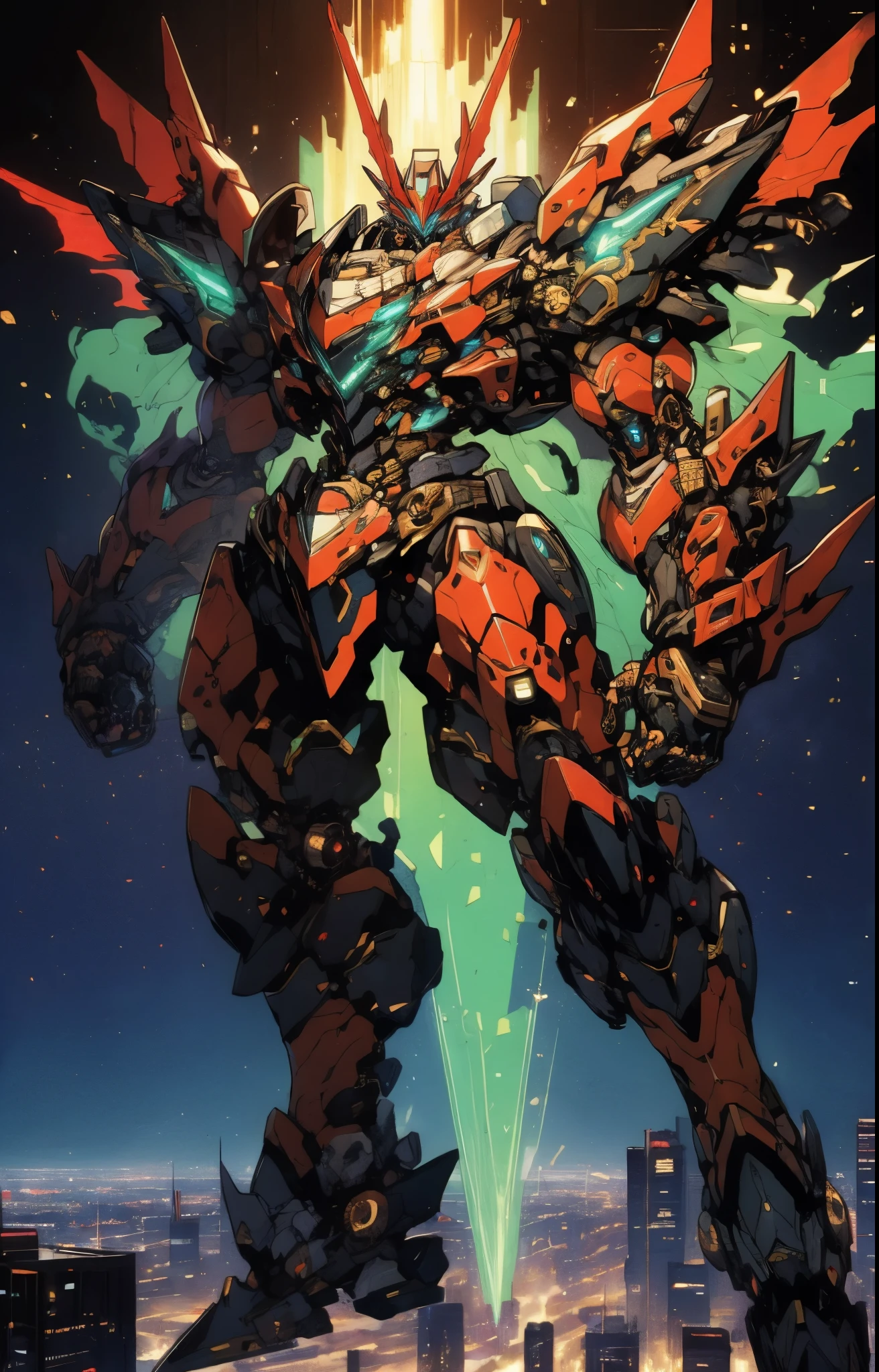 Humanoid Mecha, fully enclosed shoulder guards, matching arm and leg guards, full body, full armor, super robot, the design balances heavy with agility, (the color scheme is primarily white with red and blue accents, the concept Inspired by super robot, Bat concept chest armor, pose, standing, floating high above the futuristic sci-fi city), exquisite and mature art style, (aura effect, energy, glowing eyes, the armor glows), ((SRS)), metallic, dramatic, high definition, best quality, highres, ultra-detailed, ultra-fine painting, extremely delicate, professional, perfect body proportions, anatomically correct, symmetrical face, extremely detailed eyes and face, high quality eyes, creativity, RAW photo, UHD, 32k, Natural light, cinematic lighting, masterpiece-anatomy-perfect, masterpiece:1.5