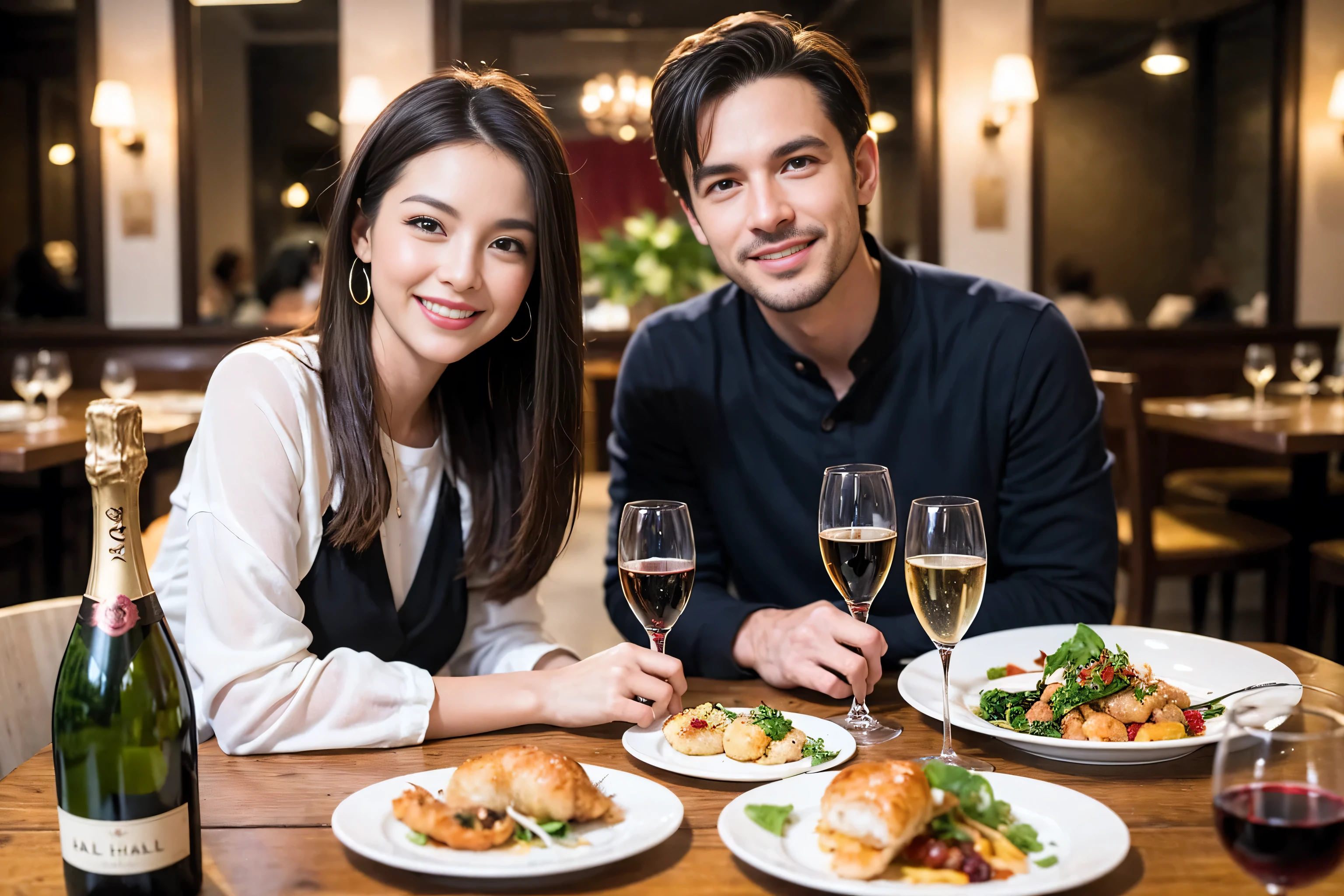 ((highest quality、8k、masterpiece:1.3))、1 male1 female、lover、Beautiful couple、Smile、FullcorseDinner, (Slim face), (the body is スリム), (Brown Hair), (Shortcuts), ((Bob Hale、Straight hair:1.2)), Wine glass on the table、Please shine a light on my face、 Amazing view of the sunset sky and clouds、Amazing mountain views、The beauty of a smile、Bright image、Blushing, Shortcuts,Bright Face、 (Age 35), 39 years old, red wine 、Appetizers、Italian food、Wine bottle、Champagne、sparkling wine、Long sleeve shirt、dress、Attractive beauty、restaurant, Nova Frog Style, actress, model, Upper Body, White wine, red wine, wine glass,