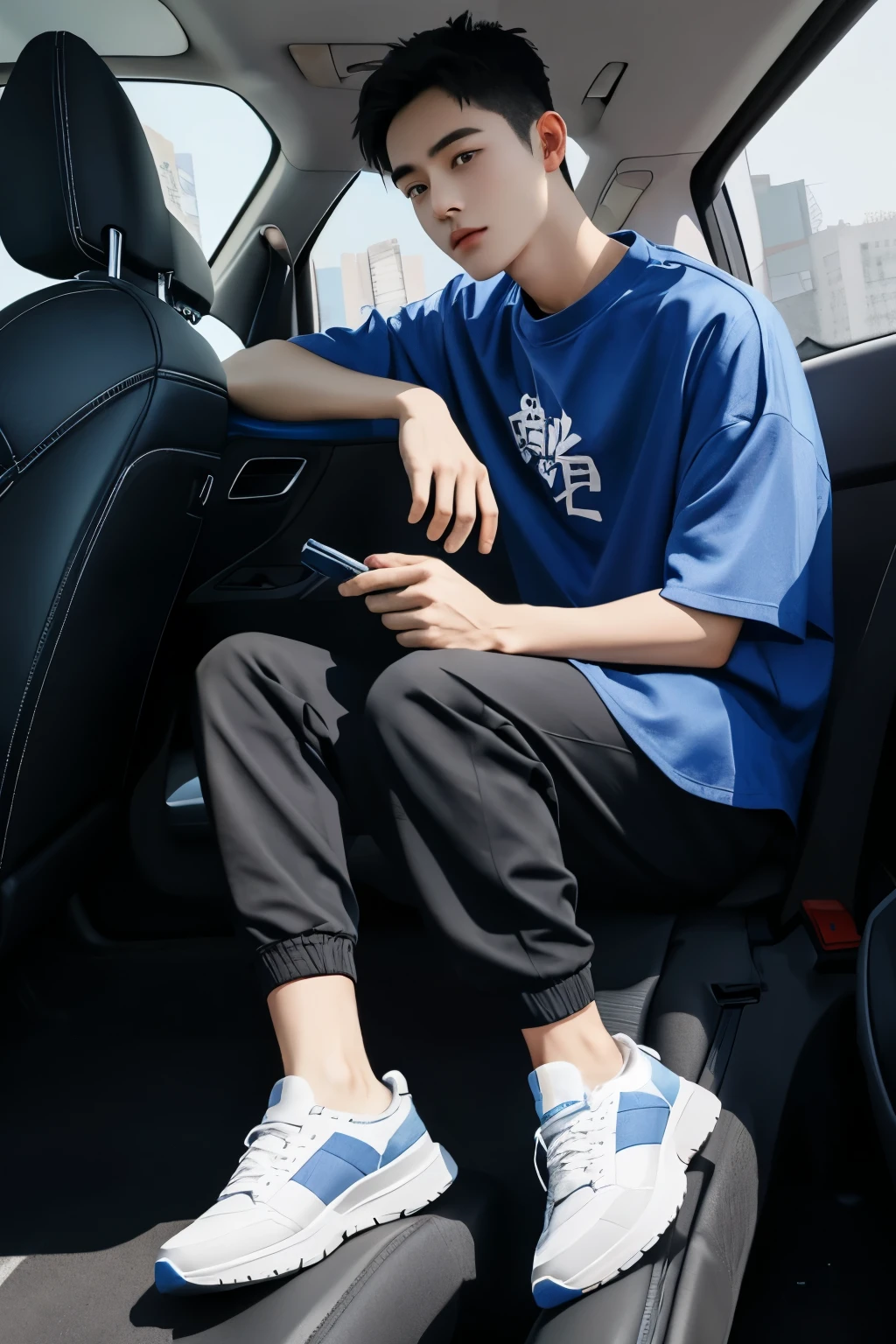 A Beijing young man in a oversize bluelight t shirt and black Jogger trousers against a driving in the car, full body, Height is 1 cm, sneaker,