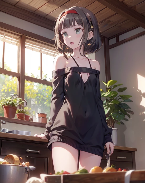 (small breasts:1.3), (perky chest:1.1), (pointed chest:1.0), (fashion magazine cover:1.3),(from below:1.0),(from side:0.9),masterpiece, 1girl, Amazing Cleavage:1.1, thin waist, big ass, Raised sexy, small breast: 1.3, posed cleavage:1.2、solo, looking at viewer, open mouth, have a cute grass of cute beergrass,black hair, dark green eyes, dress, bare shoulders, jewelry, collarbone, sidelocks, hairband, earrings, indoors, off shoulder, :o, sweater, arms behind back, plant, short hair with long locks, gild hairband, off-shoulder dress, sweater dress, off-shoulder sweater, red sweater, dark gord hair, big side hair, very long side hair,is rendered in (masterpiece: 1.2, best quality), with (ultra high resolution) and an exquisite (depth of field). This masterpiece is not only visually stunning but also tells,A scene of cooking in the kitchen by classroom