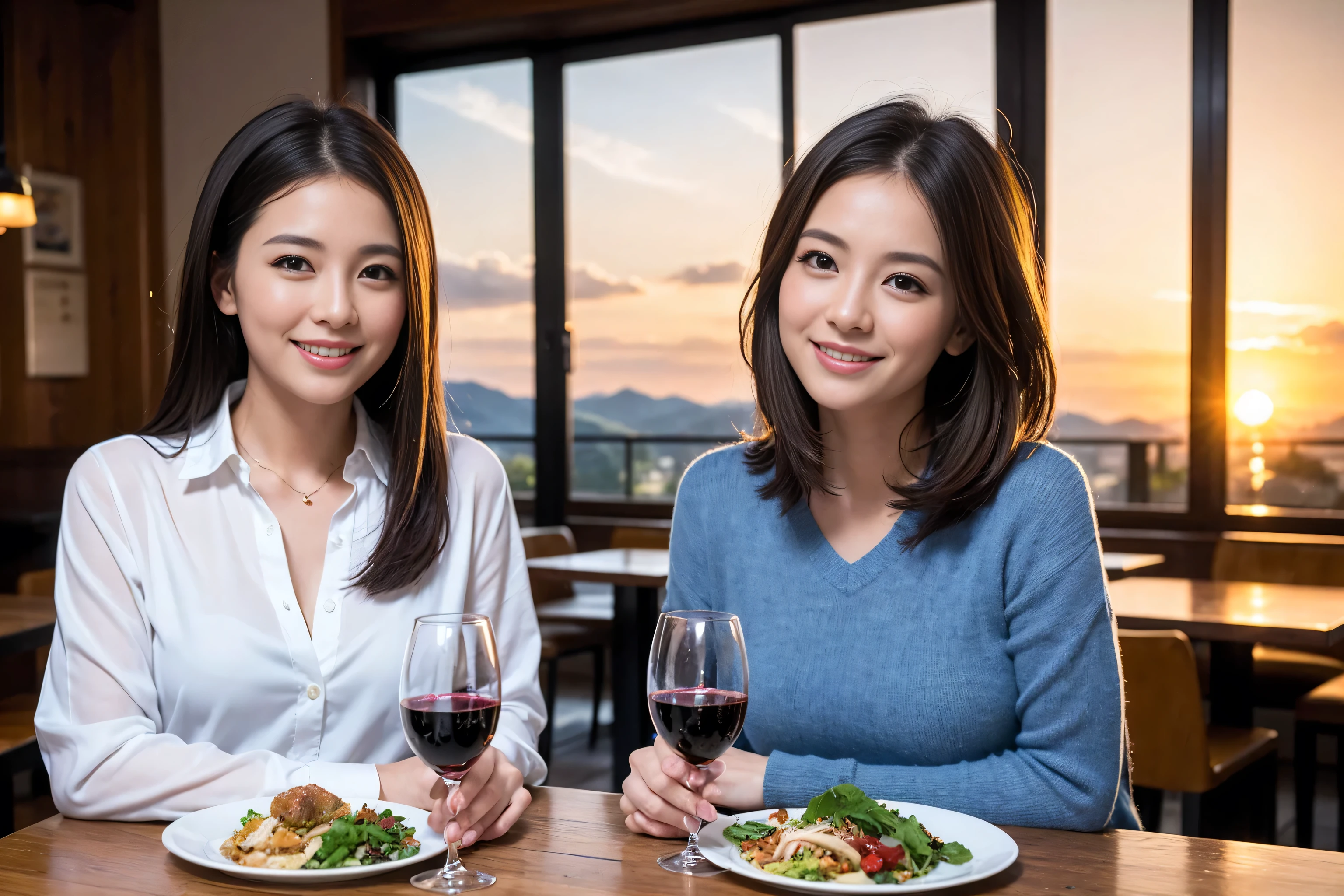 ((highest quality、8k、masterpiece:1.3))、1 male 1 female、Lovers、beautiful couple、Japanese couple、Happy Smile、Dinner Course、Appetizers、Italian food、 (Slim face), (The body is スリム), (Brown Hair), (Shortcuts), ((Bob Hale、Straight hair:1.2)), Wine glass on the table、Please put light on my face、 Amazing view of the sunset sky and clouds、Amazing mountain views、The wonderfulness of smiles、Bright image、Blushing, Shortcuts,Bright Face、 (36 years old), 39 years old, red wine 、Wine bottle、Champagne、sparkling wine、Long sleeve shirt、dress、Attractive beauty、restaurant, Nova Frog Style, actress, model, Upper Body, White wine, red wine, wine glass,