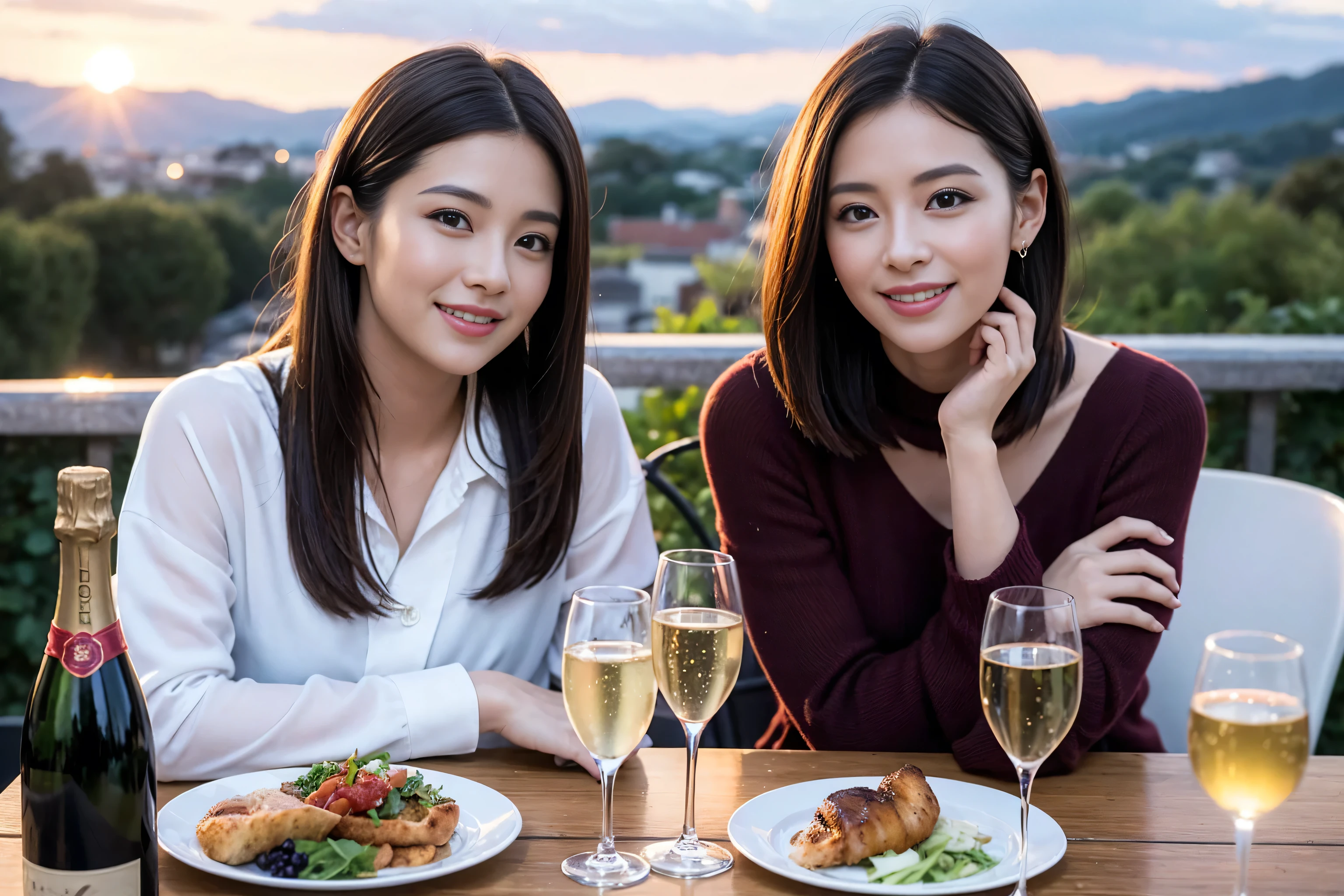 ((highest quality、8k、masterpiece:1.3))、1 male 1 female、Lovers、beautiful couple、Japanese couple、Happy Smile、Dinner Course、Appetizers、Italian food、 (Slim face), (The body is スリム), (Brown Hair), (Shortcuts), ((Bob Hale、Straight hair:1.2)), Wine glass on the table、Please put light on my face、 Amazing view of the sunset sky and clouds、Amazing mountain views、The wonderfulness of smiles、Bright image、Blushing, Shortcuts,Bright Face、 (36 years old), 39 years old, red wine 、Wine bottle、Champagne、sparkling wine、Long sleeve shirt、dress、Attractive beauty、restaurant, Nova Frog Style, actress, model, Upper Body, White wine, red wine, wine glass,