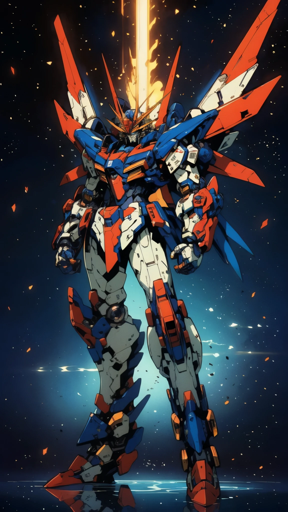 Humanoid Mecha, fully enclosed shoulder guards, matching arm and leg guards, full body, full armor, super robot, the design balances heavy with agility, (the color scheme is primarily white with red and blue accents, the concept Inspired by super robot, composite layered chest armor, pose, standing, floating high above the futuristic sci-fi city), exquisite and mature art style, (aura effect, energy, glowing eyes, the armor glows), ((SRS)), metallic, dramatic, high definition, best quality, highres, ultra-detailed, ultra-fine painting, extremely delicate, professional, perfect body proportions, anatomically correct, symmetrical face, extremely detailed eyes and face, high quality eyes, creativity, RAW photo, UHD, 32k, Natural light, cinematic lighting, masterpiece-anatomy-perfect, masterpiece:1.5