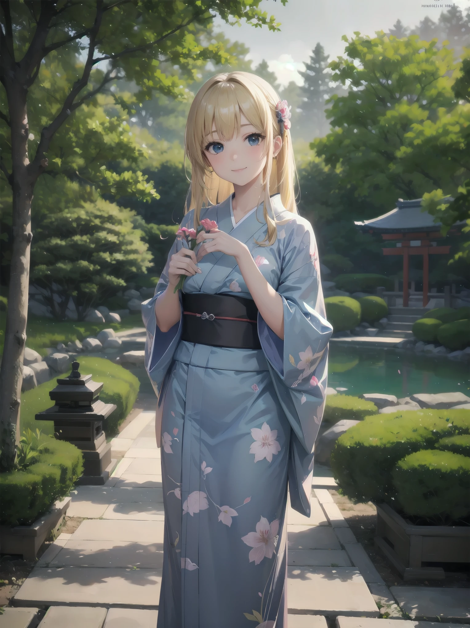 Subject: pretty beautiful girl
Subtitle: {Long, straight blonde hair}{Japanese-style yukata}{Posing picking flowers}{Japanese garden}{Smiling demurely}{Mirrorless camera, f/1.8, 1/400 sec, ISO 800, soft focus effect}

A beautiful girl with long, straight blonde hair stands in a quiet Japanese garden. She is wearing a beautiful Japanese yukata and is elegantly picking flowers. Her modest smile enhances her elegance and makes for a memorable scene. In the background is a lush green Japanese garden, which gives the scene a traditional beauty. The photo was taken with a mirrorless camera at f/1.8 aperture, shutter speed 1/400 sec, ISO 800, and the soft-focus effect adds to the soft, magical atmosphere.