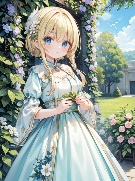 masterpiece, highest quality, Very detailed, 16k, Ultra-high resolution, Cowboy Shot, Detailed face, Perfect Fingers, One female, aged 14, blue eyes, Blonde, Braid, royal palace, garden, hjy, a green and white dress with a bird on it