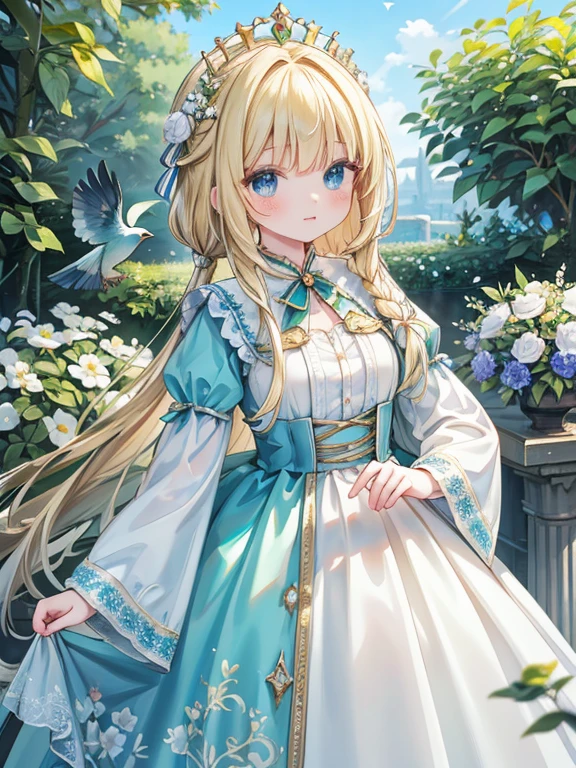 masterpiece, highest quality, Very detailed, 16k, Ultra-high resolution, Cowboy Shot, Detailed face, Perfect Fingers, One female, aged 14, blue eyes, Blonde, Braid, royal palace, garden, hjy, a green and white dress with a bird on it