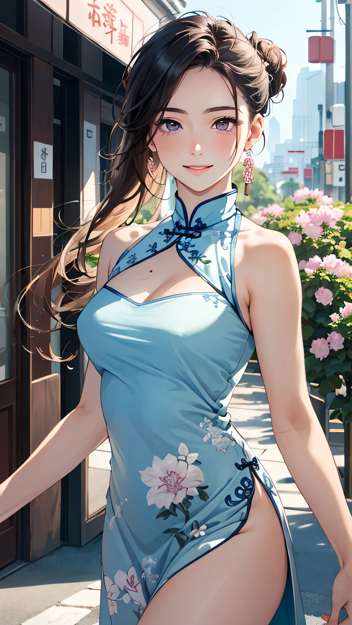 (masterpiece:1.2, highest quality), (Realistic, photoRealistic:1.4), Beautiful illustrations, (Natural Side Lighting, Cinema Lighting), 
Looking at the audience, 1 girl, Fateful meeting, Japanese, Perfect Face, Perfect , Symmetrical cute face, Shiny skin, 
(Mid-length hair:1.6, Hair Bun:1.5, Brown Hair), Hair between the eyes, Purple eyes, Long eyelashes, (Medium ), thin, 
Beautiful Hair, Beautiful Face, Fine and beautiful eyes, Beautiful clavicle, Beautiful body, Beautiful , Beautiful thighs, Beautiful legs, Beautiful fingers, 
((Symmetrical clothing, Beautiful light blue Chinese dress, delicate flower embroidery), Flower Hair Ornaments), 
(Beautiful views), Written boundary depth, Daytime, (Cityscape, Downtown Japan, Petals are dancing, crowd) Are standing, please put your hand on your , (Cute Smile, Upper Eye), 