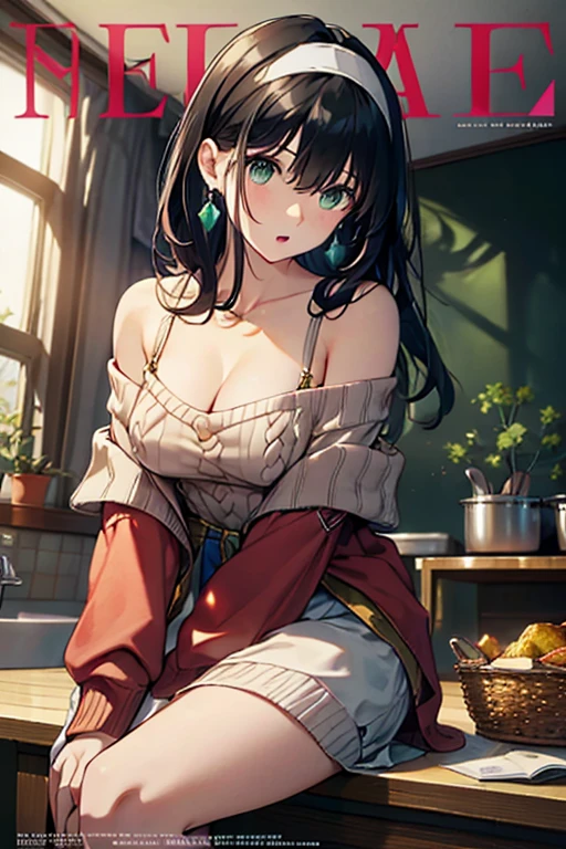 (small breasts:1.3), (perky chest:1.1), (pointed chest:1.0), (fashion magazine cover:1.3),(from below:1.0),(from side:0.9),masterpiece, 1girl, Amazing Cleavage:1.1, thin waist, big ass, Raised sexy, small breast: 1.3, posed cleavage:1.2、solo, looking at viewer, open mouth, have a cute grass of cute beergrass,black hair, dark green eyes, dress, bare shoulders, jewelry, collarbone, sidelocks, hairband, earrings, indoors, off shoulder, :o, sweater, arms behind back, plant, short hair with long locks, gild hairband, off-shoulder dress, sweater dress, off-shoulder sweater, red sweater, dark gord hair, big side hair, very long side hair,is rendered in (masterpiece: 1.2, best quality), with (ultra high resolution) and an exquisite (depth of field). This masterpiece is not only visually stunning but also tells,A scene of cooking in the kitchen by classroom